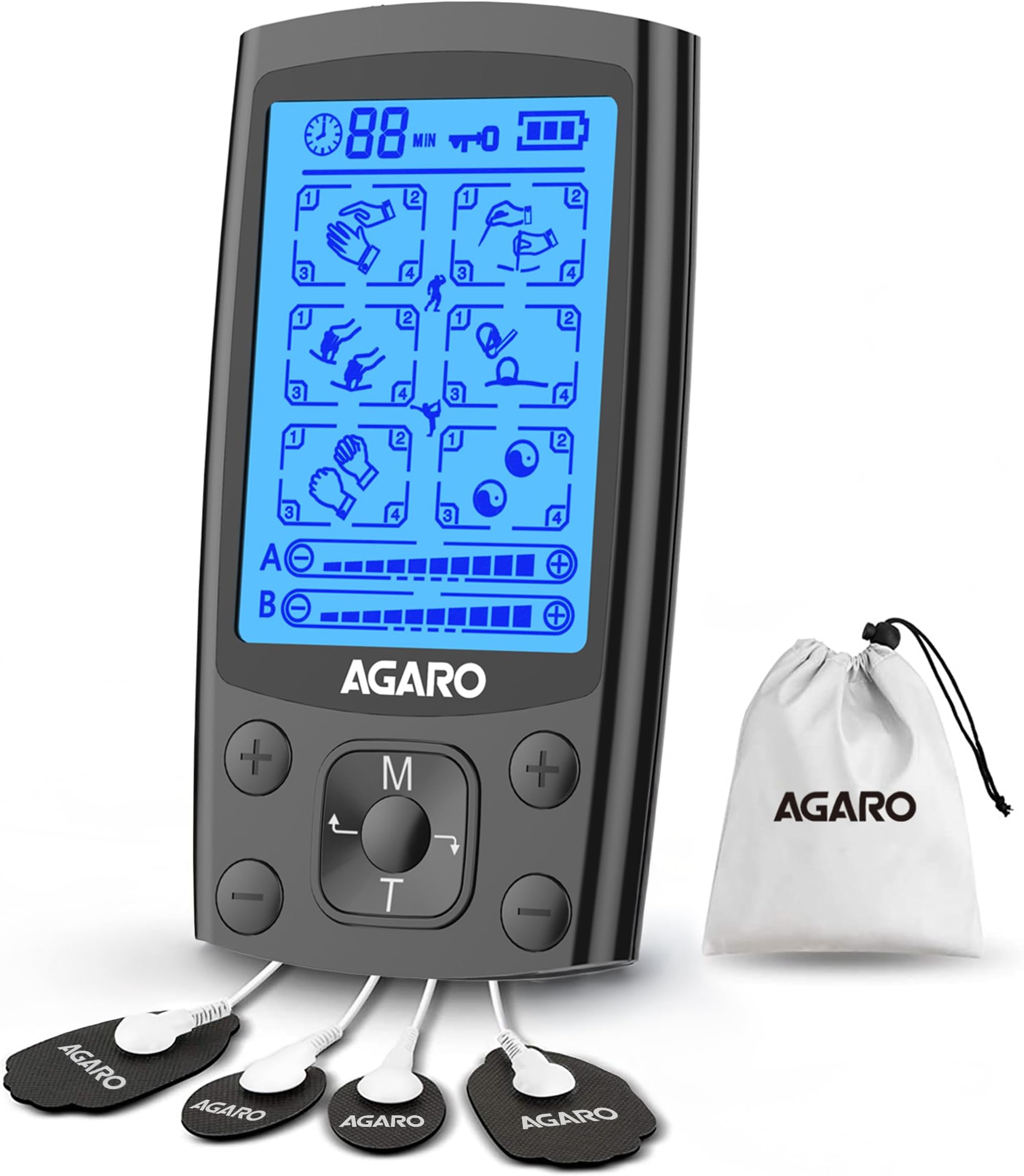 AGARO Dual Channel TENS Massager TM2421 24 Modes, 20 Intensity Levels, Rechargeable, Muscle/Nerve Stimulator for Muscle Relief Therapy, Physiotherapy Machine, 10 Gel Pads