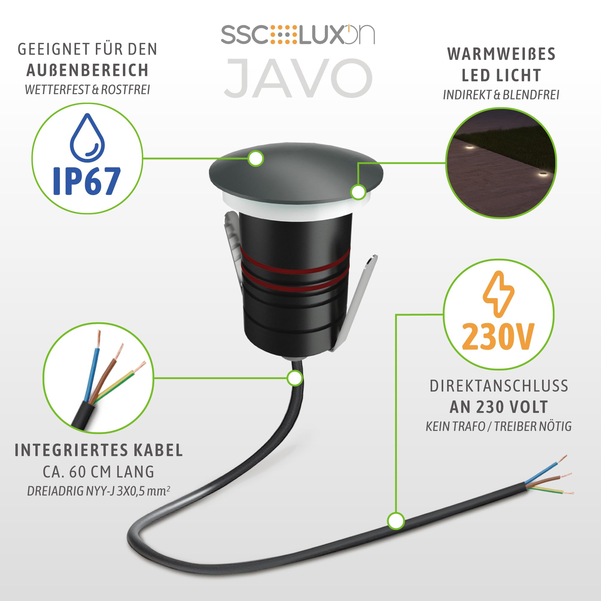 SSC-LUXon JAVO Bodeneinbaustrahler 6x rund grau IP67 warmweiß indirekt