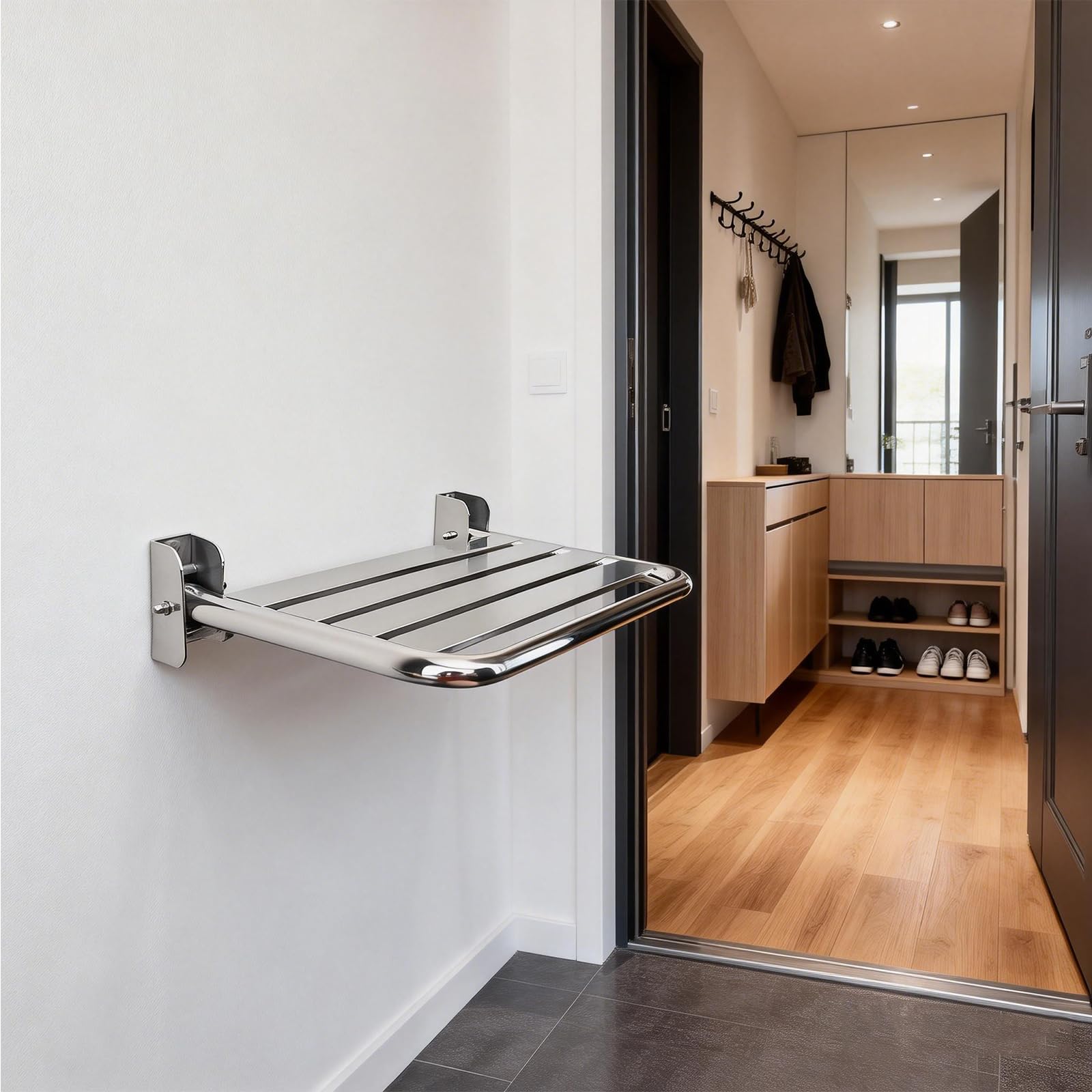 Badhocker aus Edelstahl 304 An Der Wand Montierter Klappstuhl Tragend 200 Kg Platzsparend Einfache Installation Geeignet für Mehrere Szenarien
