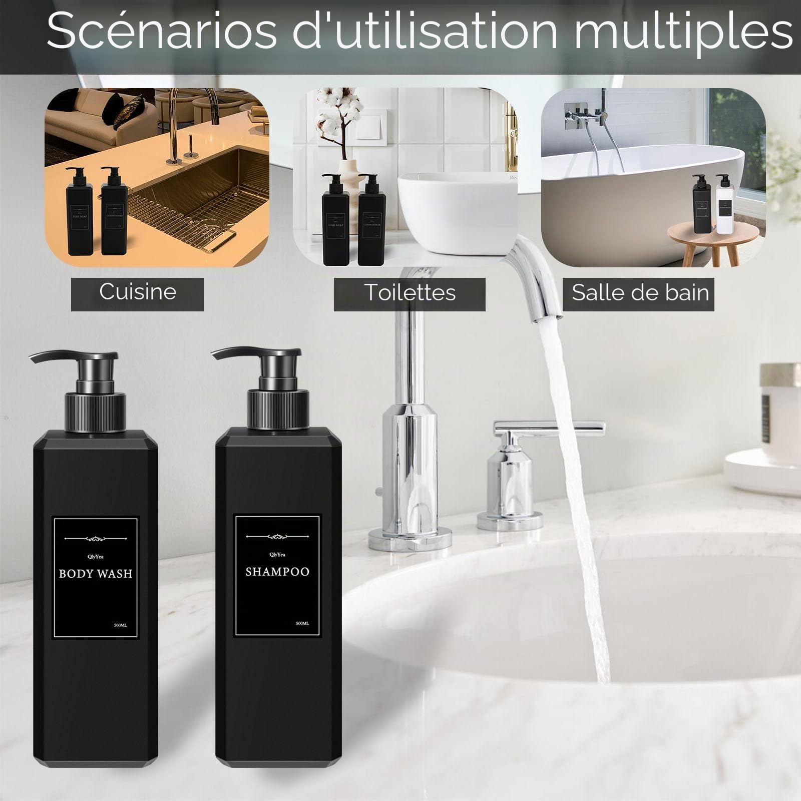 Distributeur Shampoing et Gel Douche, 8 Pièces Flacon Pompe Vide 500ml, Distributeurs Savon Noir en Plastique avec Étiquettes, pour Cuisine et Salle de Bain, Noir Mat