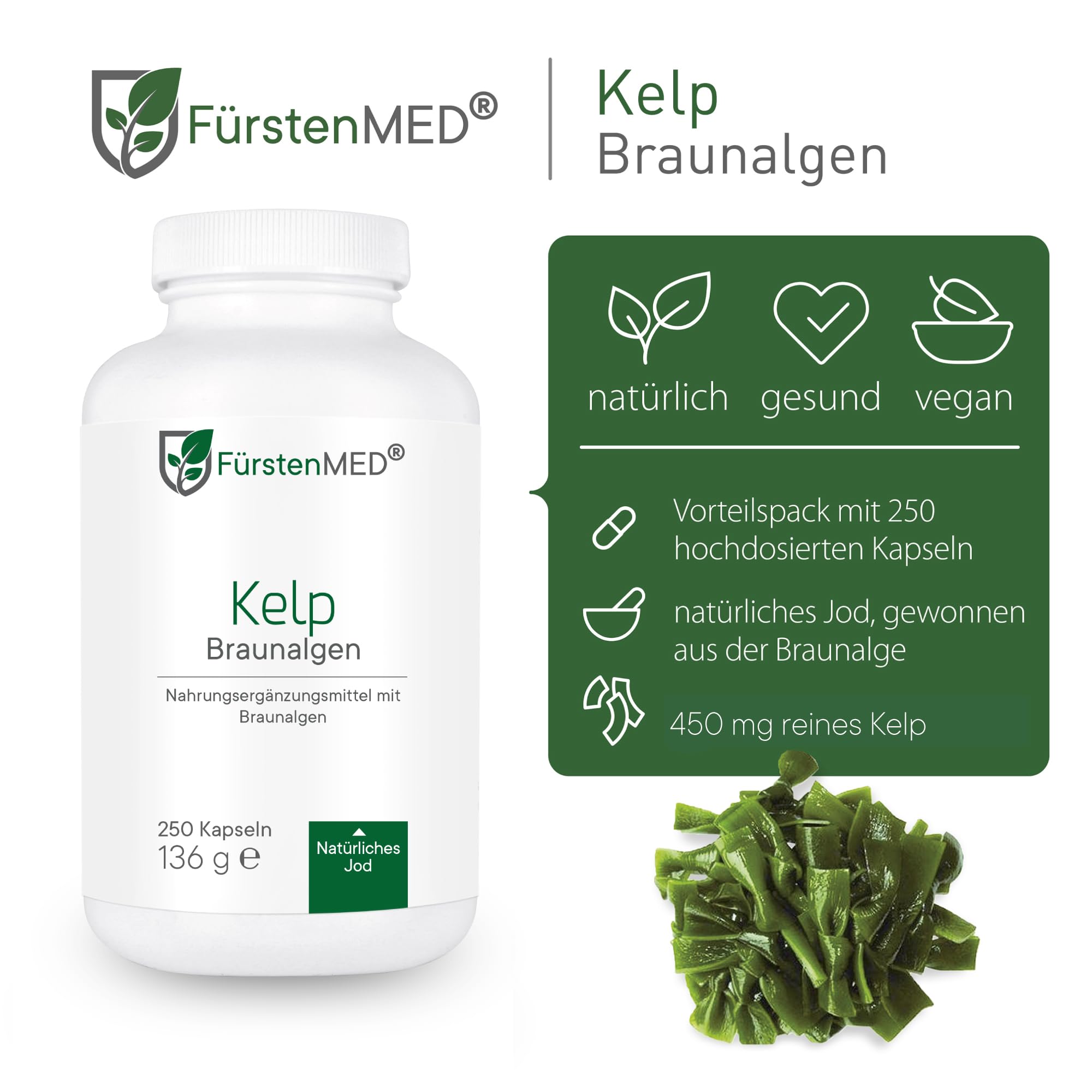 FürstenMED® 250 Kelp Kapseln mit 315µg Jod pro Kapsel - Kelp Algen Braunalgen Vegan und Hochdosiert - Jod Laborgeprüft und Ohne Zusatzstoffe