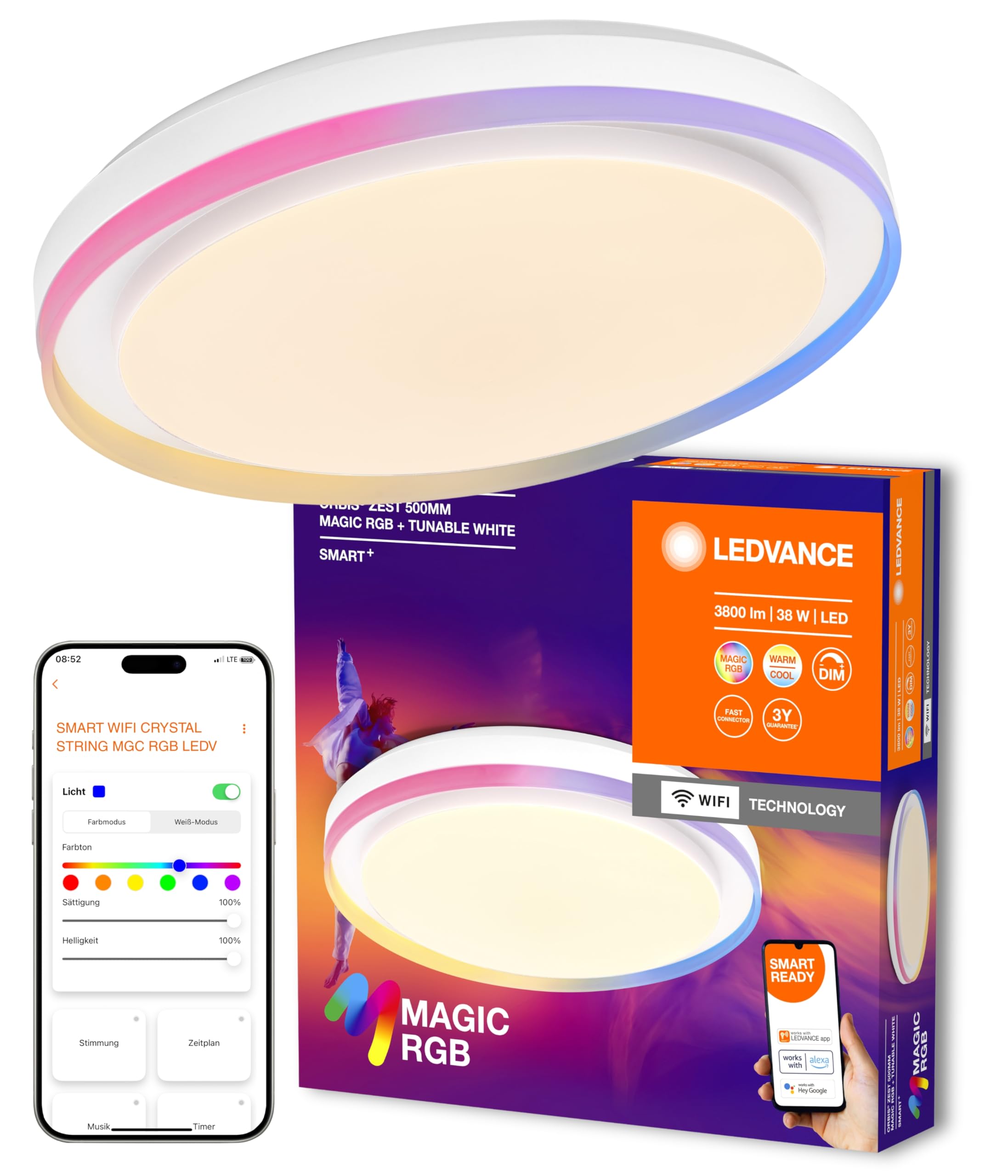 LEDVANCE SMART + WIFI LED Deckenleuchte, weiß, 32W, 3400lm, Weißlichtfunktion, dimmbar, dynamischer Magic-RGB Lichteffekt, lange Lebensdauer, einfache Montage, App-steuerbar, 2700-6500K