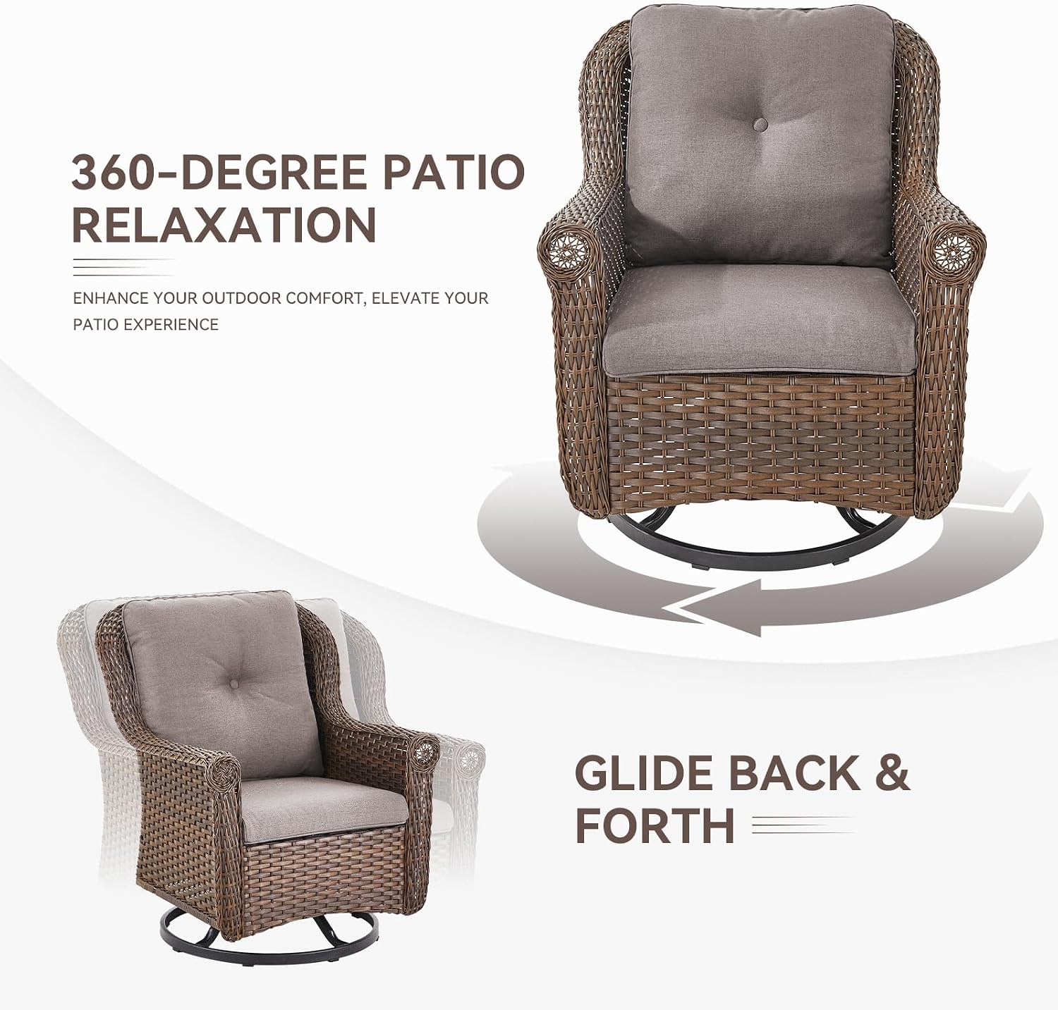 Patio Swivel Glider Chairs Brown Rattan Patio Chairs with Chrysanthemum Armest & Water-Resistant Thickened Cushions for Garden Balcony Backyard, Grey Cushions Swivel Chair(2PCS)