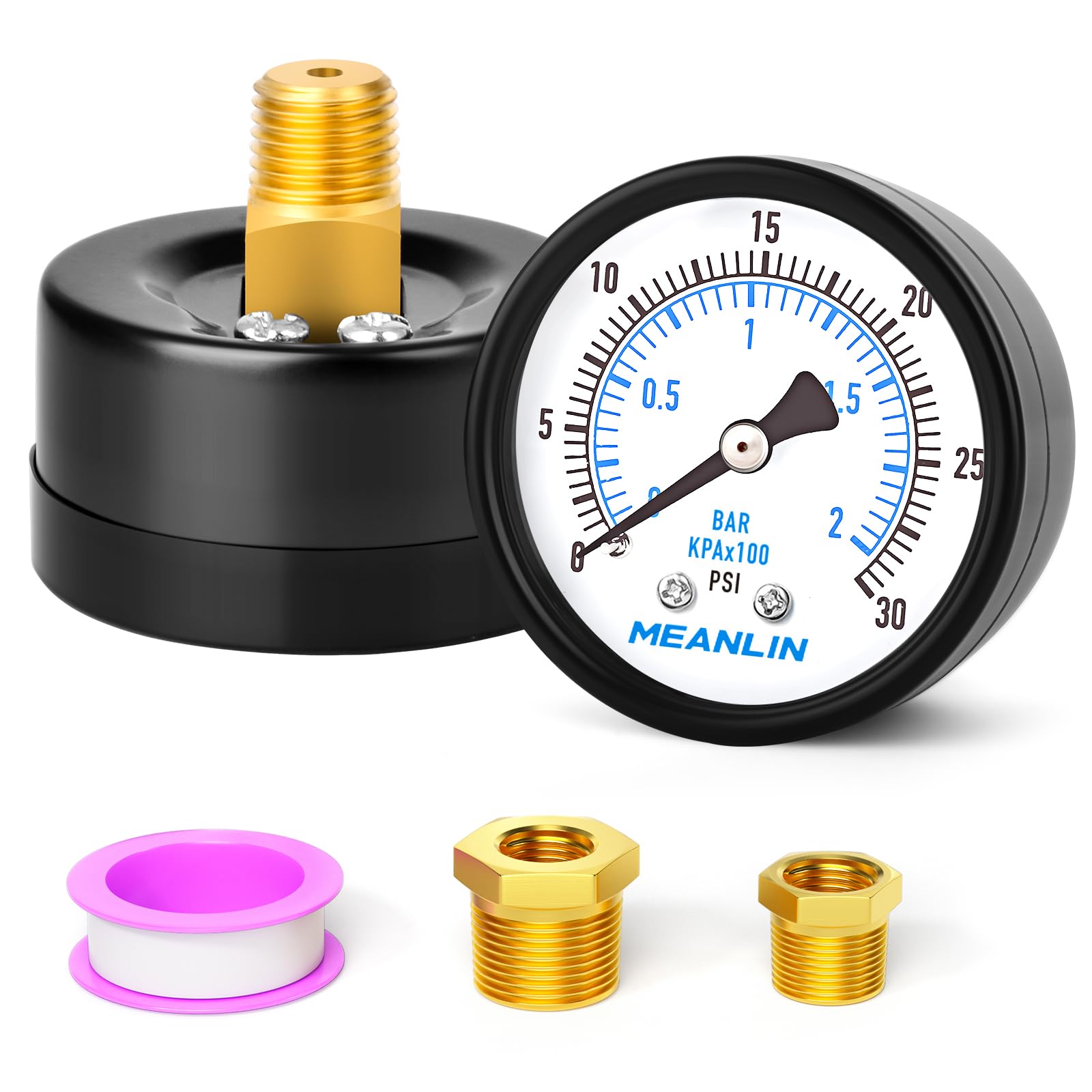MEANLIN MEASURE 0-30Psi 2" DIAL FACE 1/4"NPT Well Pump Pressure Gauge with 1/2"NPT and 3/8"NPT Adaptor, 3-2-3% Accuracy，Center Back Mount-picture-32