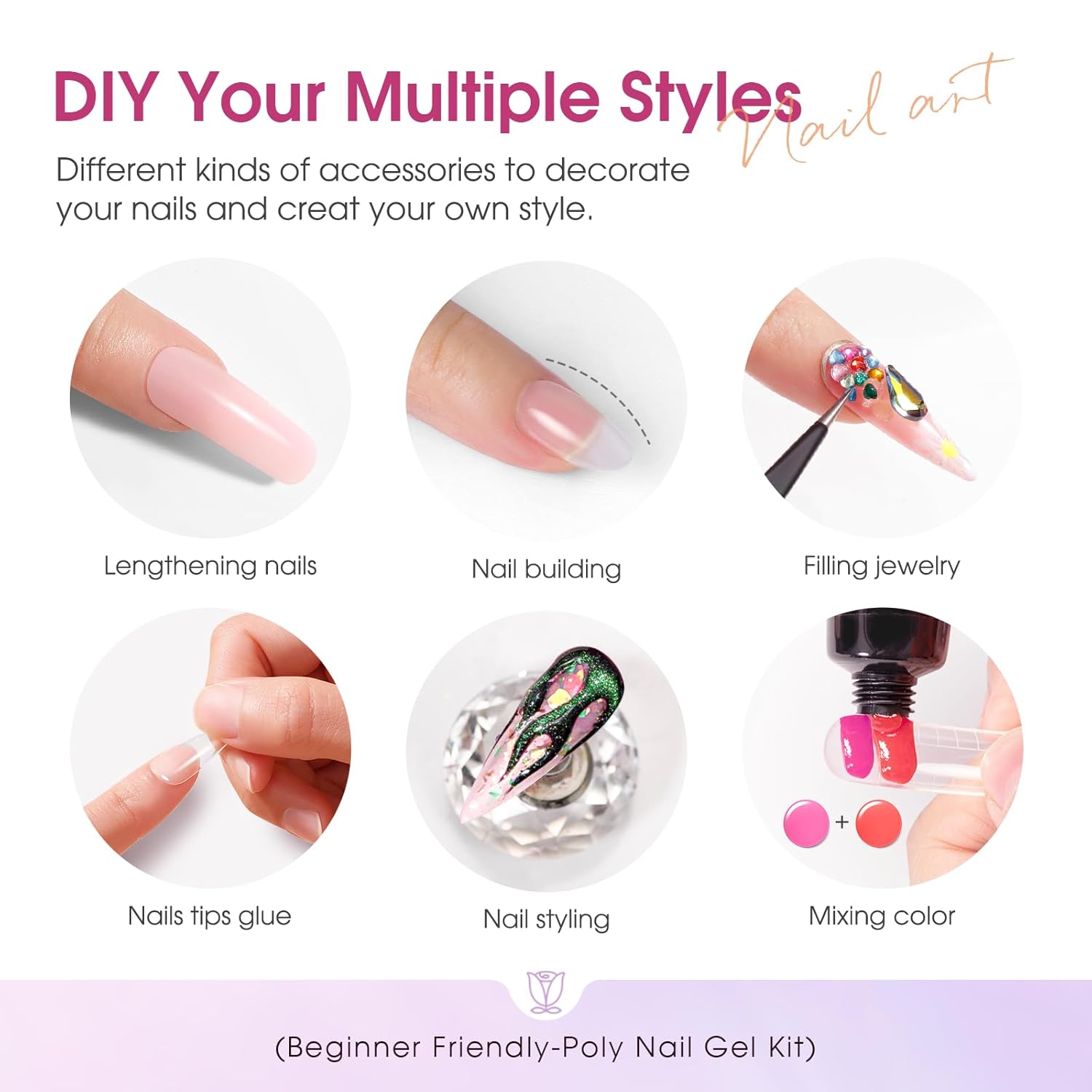 ROSALIND Poly Nail Gel Colors Kit -14 Colors +72 Nail Art Accessories Glitter Poly Nails Gel Kit Starter Kit with Mini UV Lamp Slip Solution Nude Pink Poly Art for Beginners with Everything