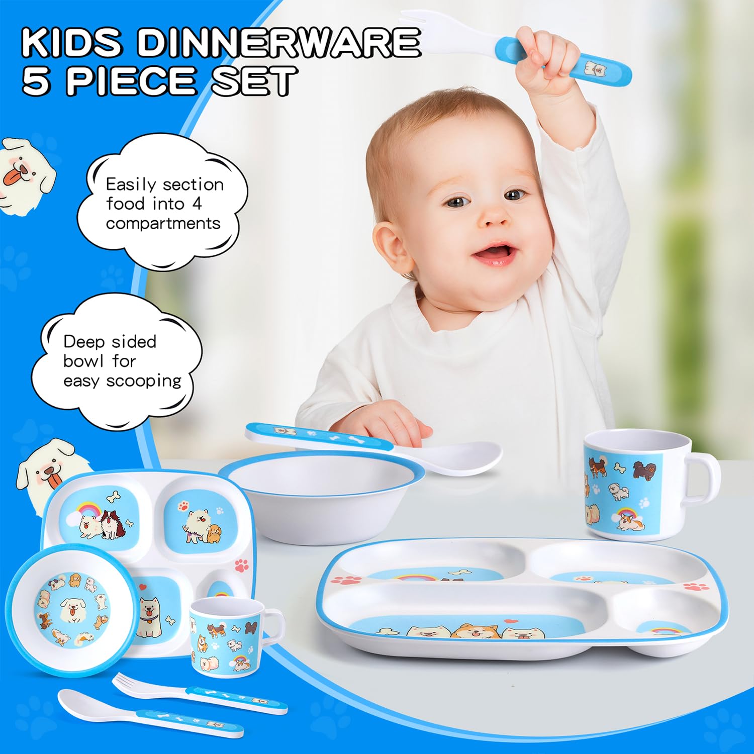 5-Piece Kids Melamine Dinnerware Set – Plate, Bowl, Cup, Fork & Spoon – BPA-Free, Durable & Lightweight Cartoon Set for Toddlers (pink cat)