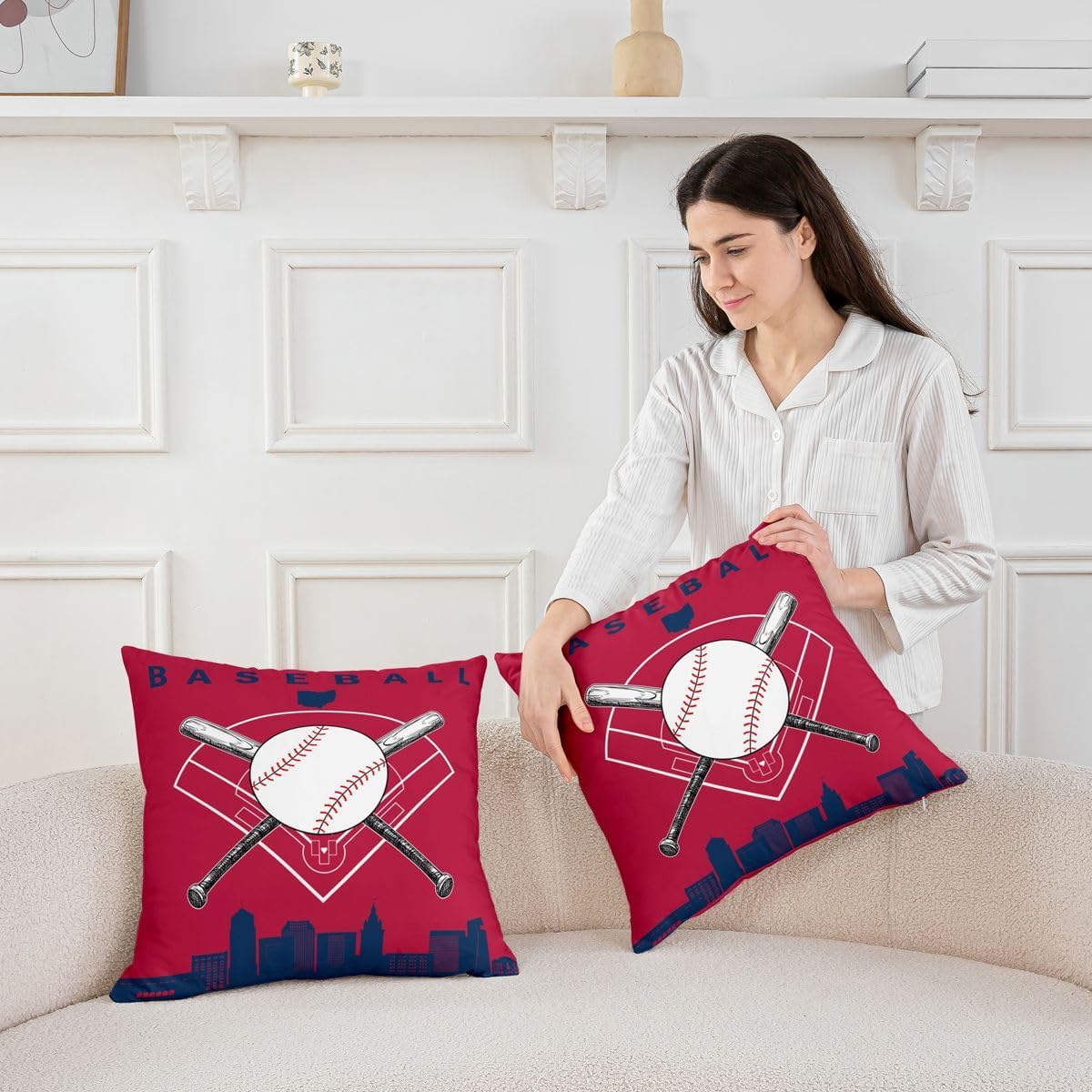 Erosebridal Baseball Cushion Cases for Boys Sports Game Throw Pillow Covers 20X20 Inch Set of 2 Baseball Gaming Cushion Covers for Couch Sofa Living Room Ball Games Decorative Pillowcases, Dark Red image 4