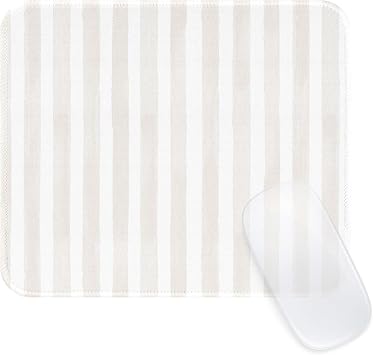 Square Cute Striped Mouse Pad with Stitched Edge, Premium Waterproof Cloth Aesthetic Small Mouse Mat, Non-Slip Rubber Base Simple Funny Mousepad Desk Accessories,Beige and White
