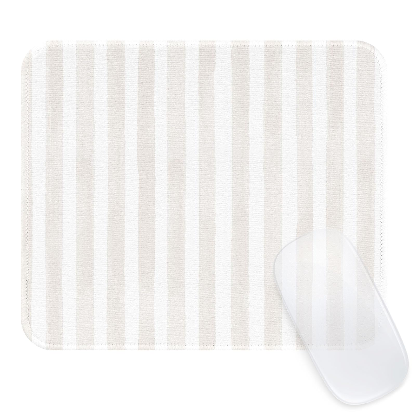 Square Cute Striped Mouse Pad with Stitched Edge, Premium Waterproof Cloth Aesthetic Small Mouse Mat, Non-Slip Rubber Base Simple Funny Mousepad Desk Accessories,Beige and White