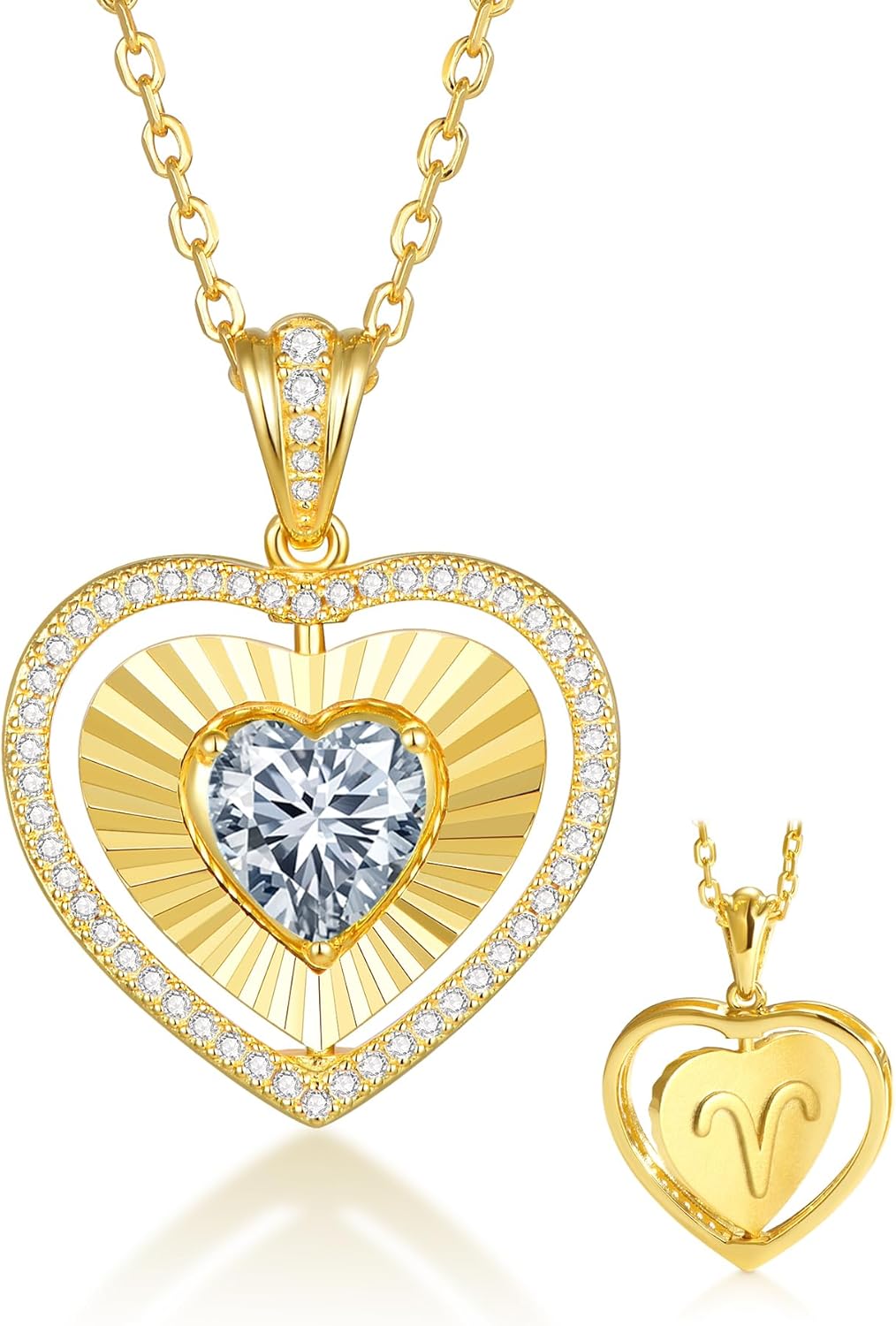 Kstyle Valentine's Day Gifts for Women - 14K Gold Reversible Heart Birthstone Necklace with Zodiac Engraved Back, Wife Daughter Mom Anniversary Birthday Gift Non Tarnish 16"+2"