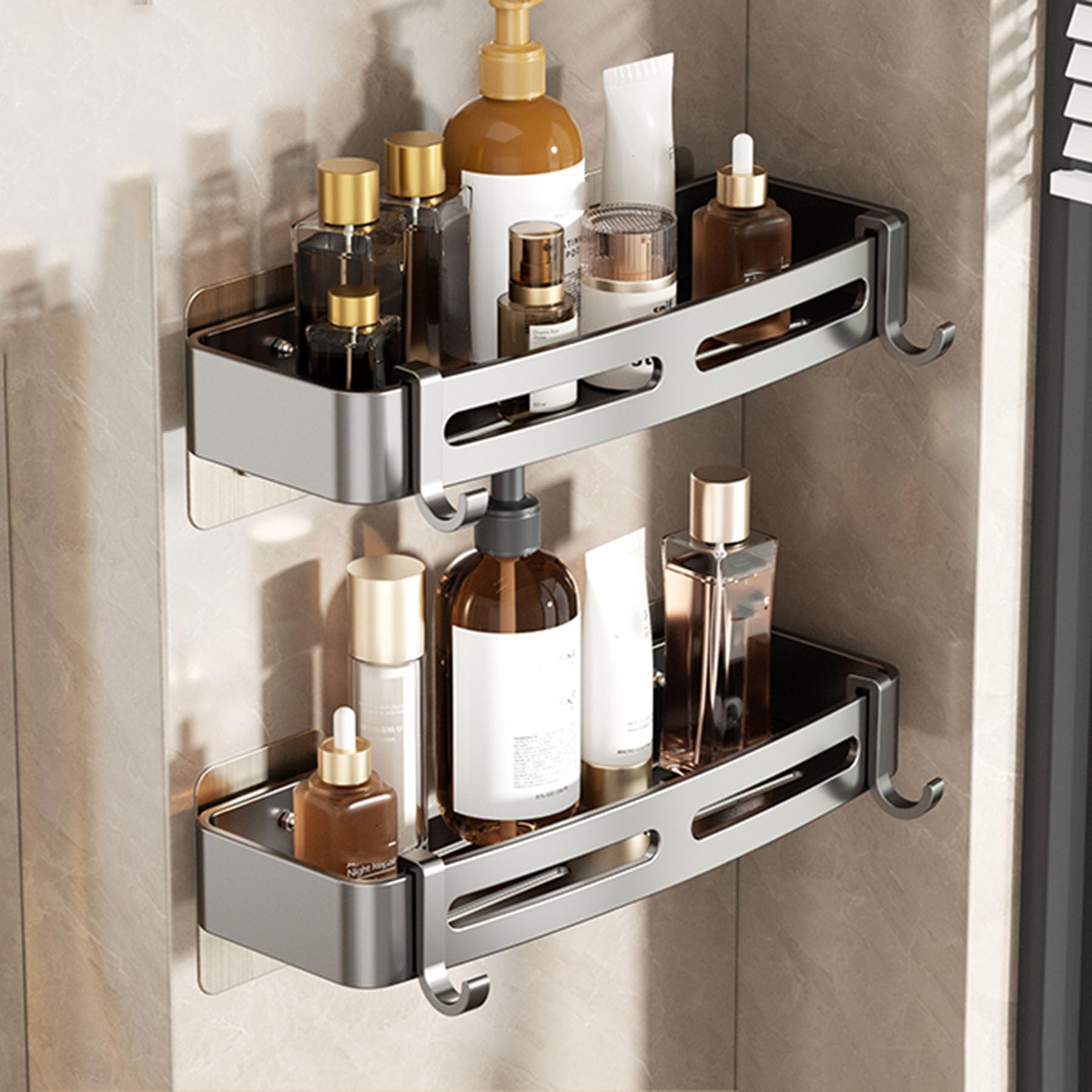 SRURLLUG Shower Caddy Bathroom Shelve Adhesive Shower Caddy Organizer Shelves Rack With Hooks No Drilling Rustproof Wall Mounted