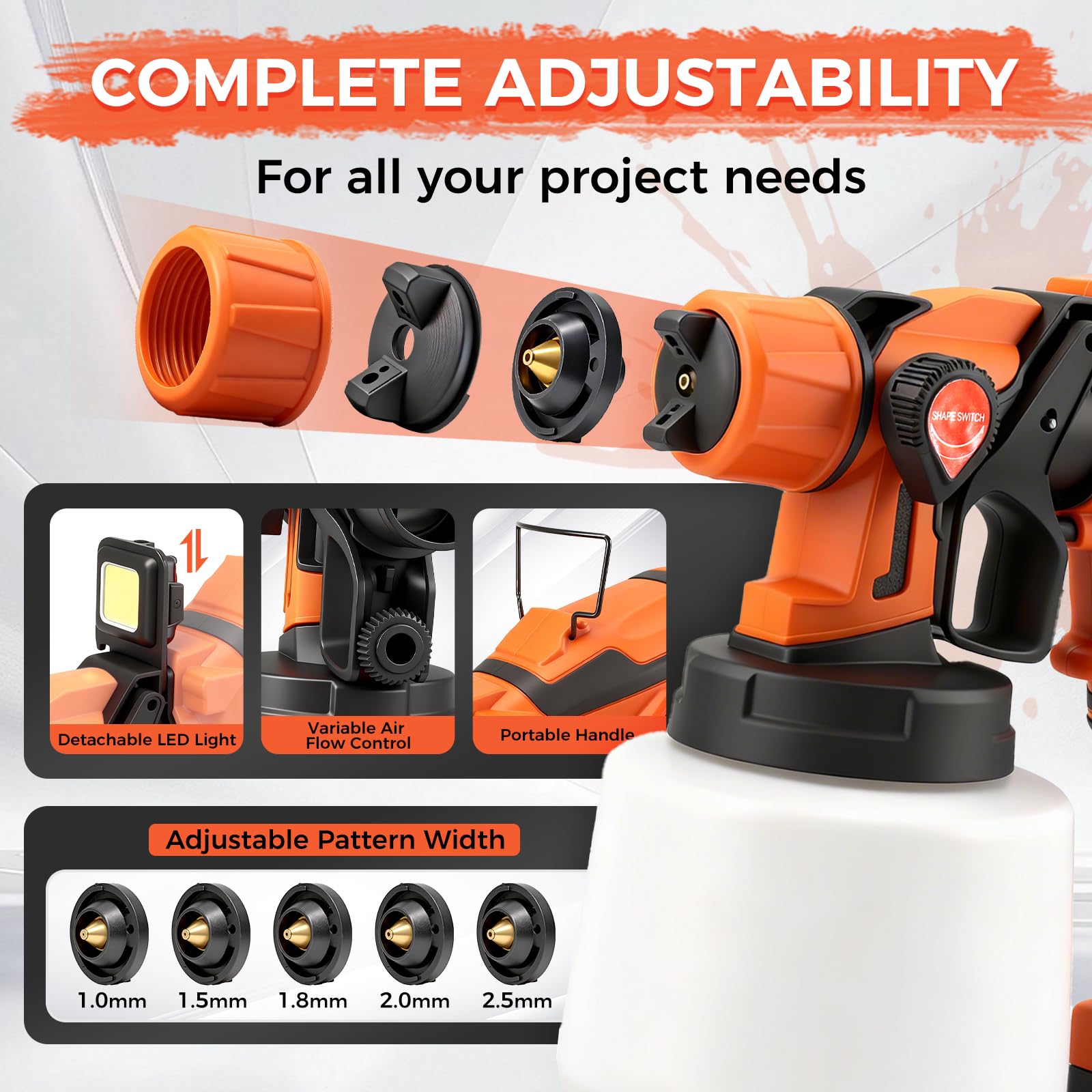 COMOWARE Pulverizador de pintura, pistola pulverizadora HVLP de 1000 W, flujo ajustable, 5 boquillas y 3 patrones, recipiente desmontable de 1400 ml, para muebles, armarios, vallas, paredes y