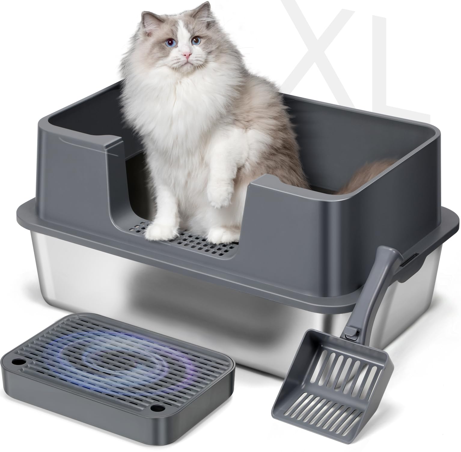 Stainless Steel Cat Litter Box with Lid, High Sides Metal Litter Box Enclosed, XL Extra Large Cat Litter Box with Filter Pedal and Scoop Cleaning Brush, Easy Cleaning, Anti Leakage, Non-Sticky