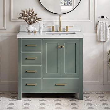 ARIEL Cambridge 36-inch Bathroom Vanity with Sink,Solid Wood, 1.5-inch Italian Carrara Marble Countertop, Single Rectangular Porcelain Sink, 2 Soft Closing Doors, 5 Dovetail Drawers, Vintage Green