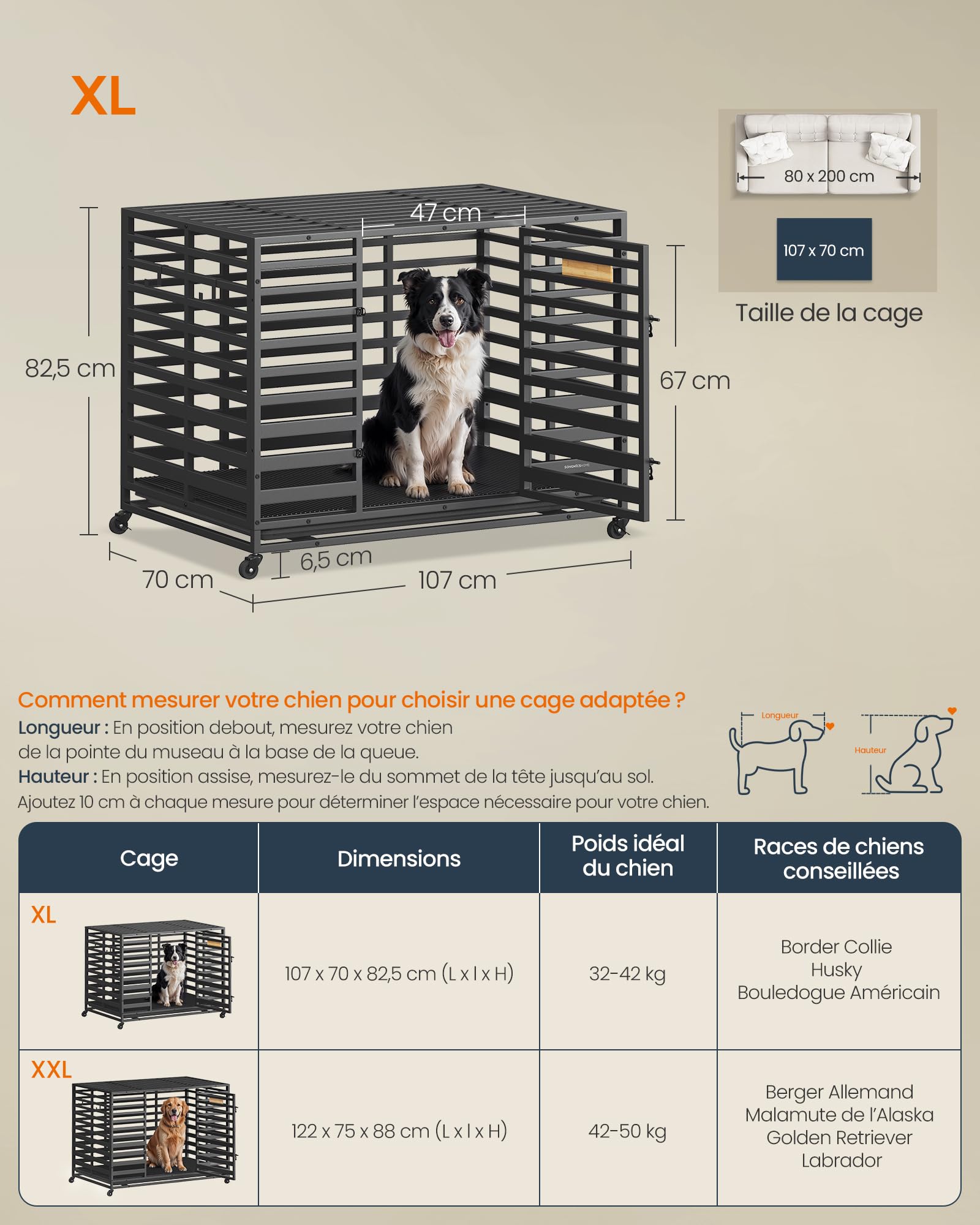 SONGMICS HOME Cage pour Chien Robuste Taille XL 107 x 70 x 82,5 cm Noir d’Encre