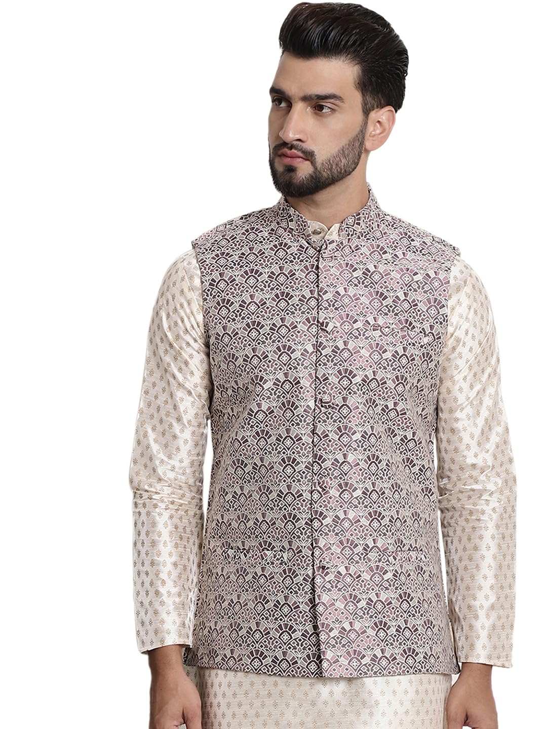 Sojanya (Since 1958 Men's Jacquard Silk, Wine Color Nehru Jacket