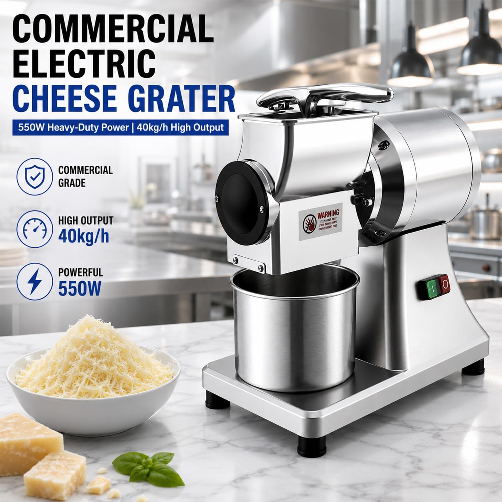 Grattugia per Parmigiano Elettrica da Banco, Macchina Commerciale Professionale 550W, Macinatore in Acciaio Inox e Allumina con Arresto Automatico a Leva