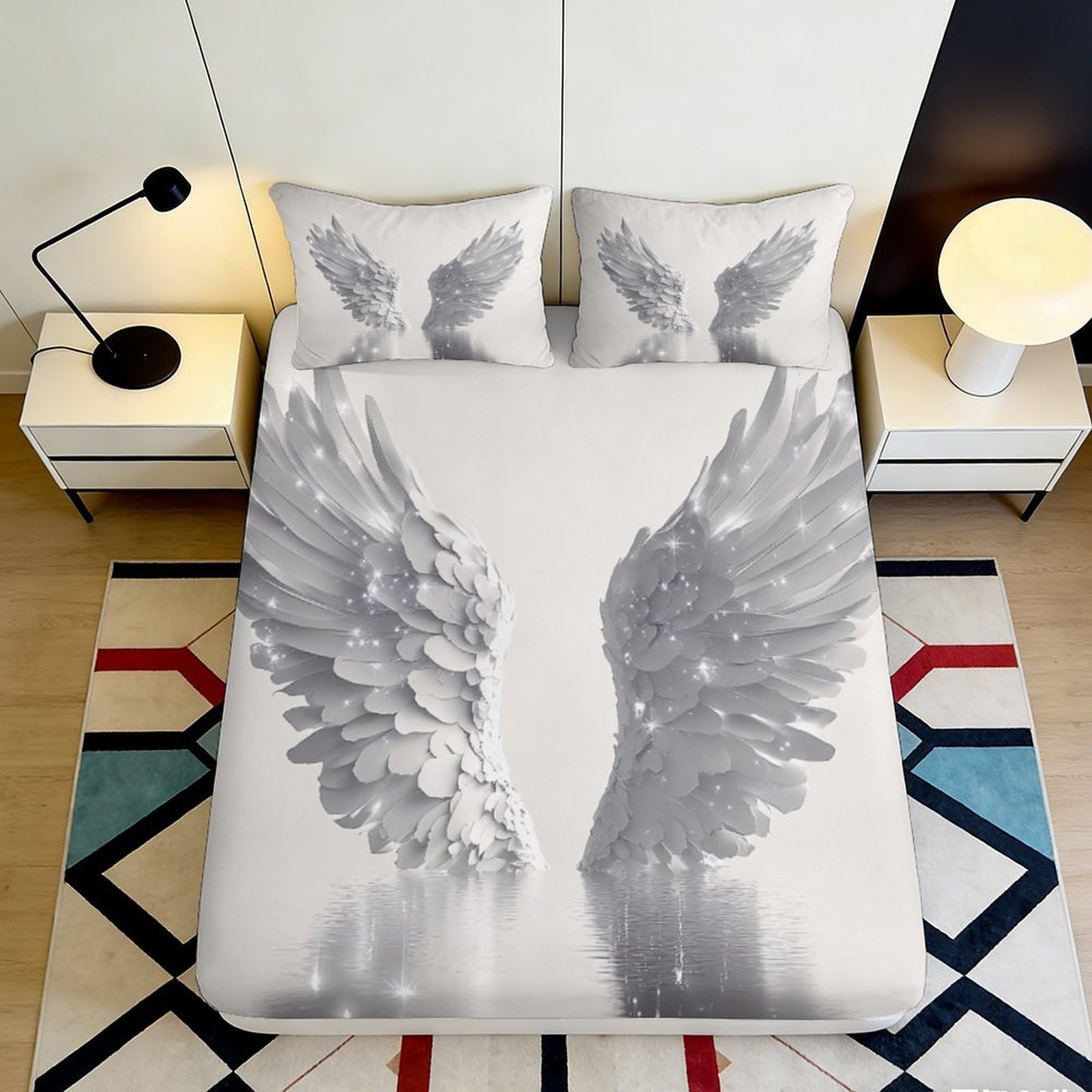 3D Printed Angel Wings Fitted Sheet Microfiber Soft Breathable Feather Pattern Mattress Cover Bedroom Decor 90x200x25cm