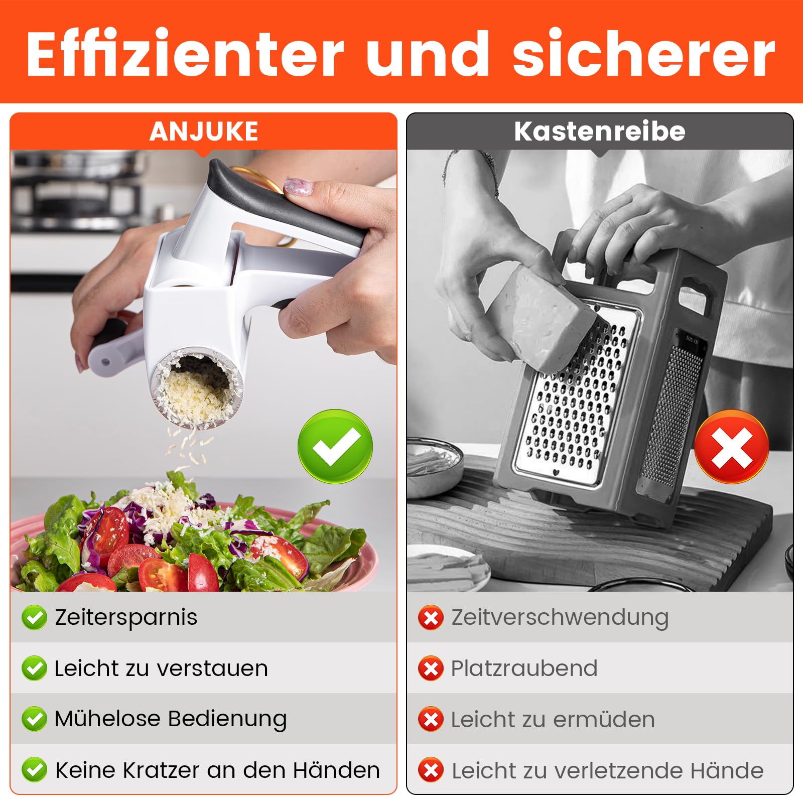 Parmesanreibe, Classic Käsereibe mit Kurbel, 2-in-1 Rotierende Rotary Käsereibe mit 2 Edelstahltrommel für müheloses Reiben von Hartkäse, Schokolade, Nüssen und vielem mehr. Spülmaschinenfest