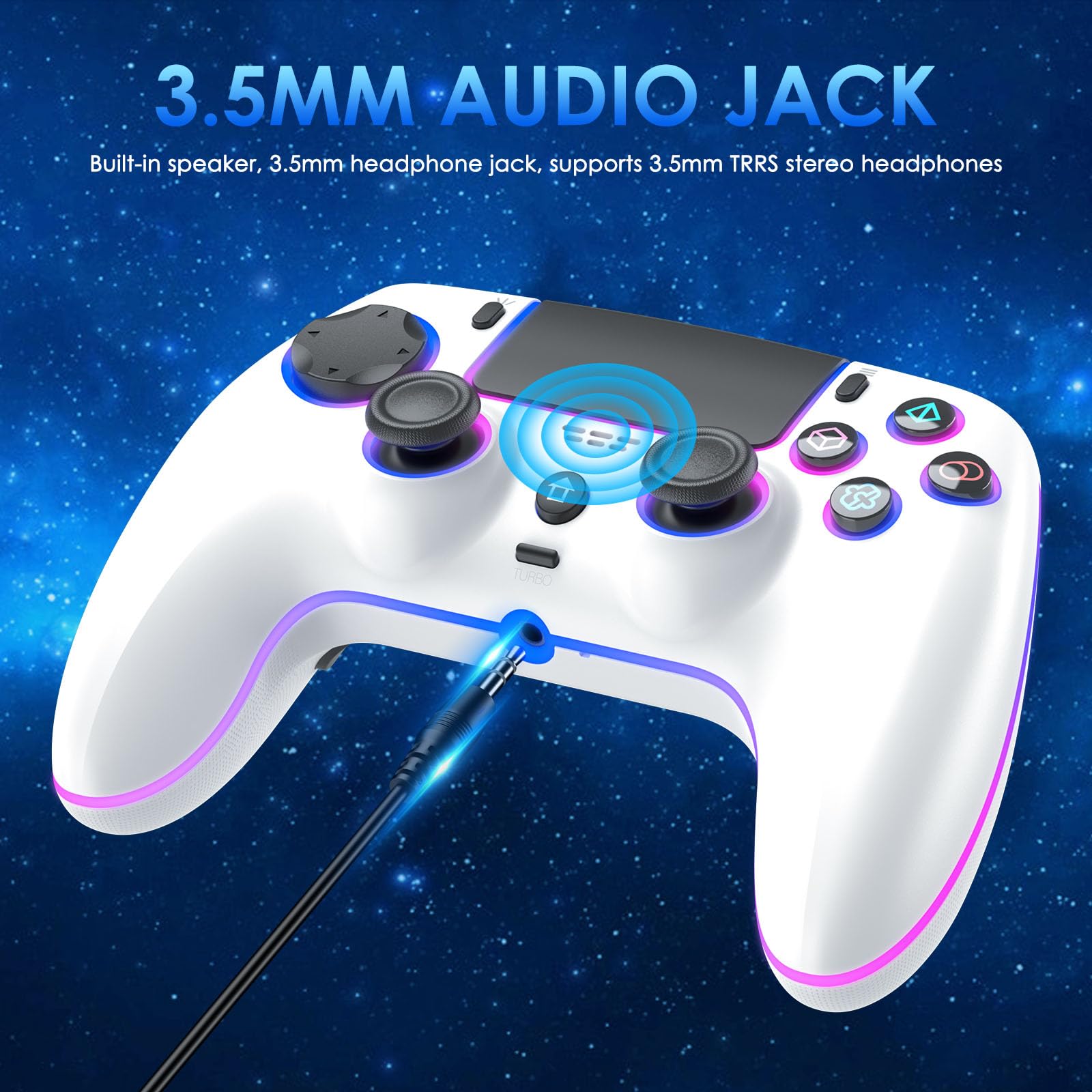 JORREP Manette sans fil pour PS5/Pro/Steam Deck/PC/MAC/iOS, manette de jeu avec éclairage RVB/double vibration/turbo/capteur de mouvement/programmable/connexion casque/batterie 1500 mAh (White)