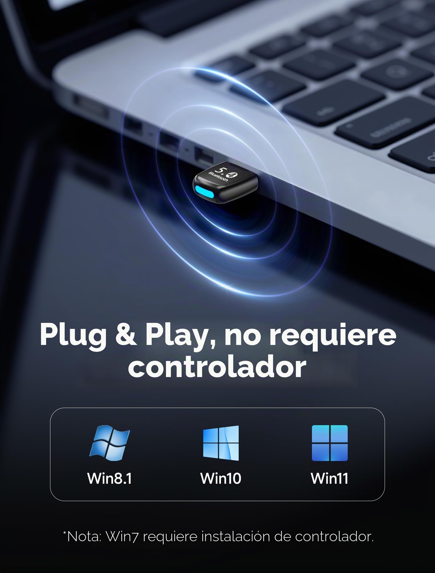Adaptador Bluetooth para PC 5.4, USB Bluetooth Adapter para Windows 11/10/8.1, Plug and Play, para PC, Portátil, Ratón, Tableta, Auriculares, 7 Conexiones