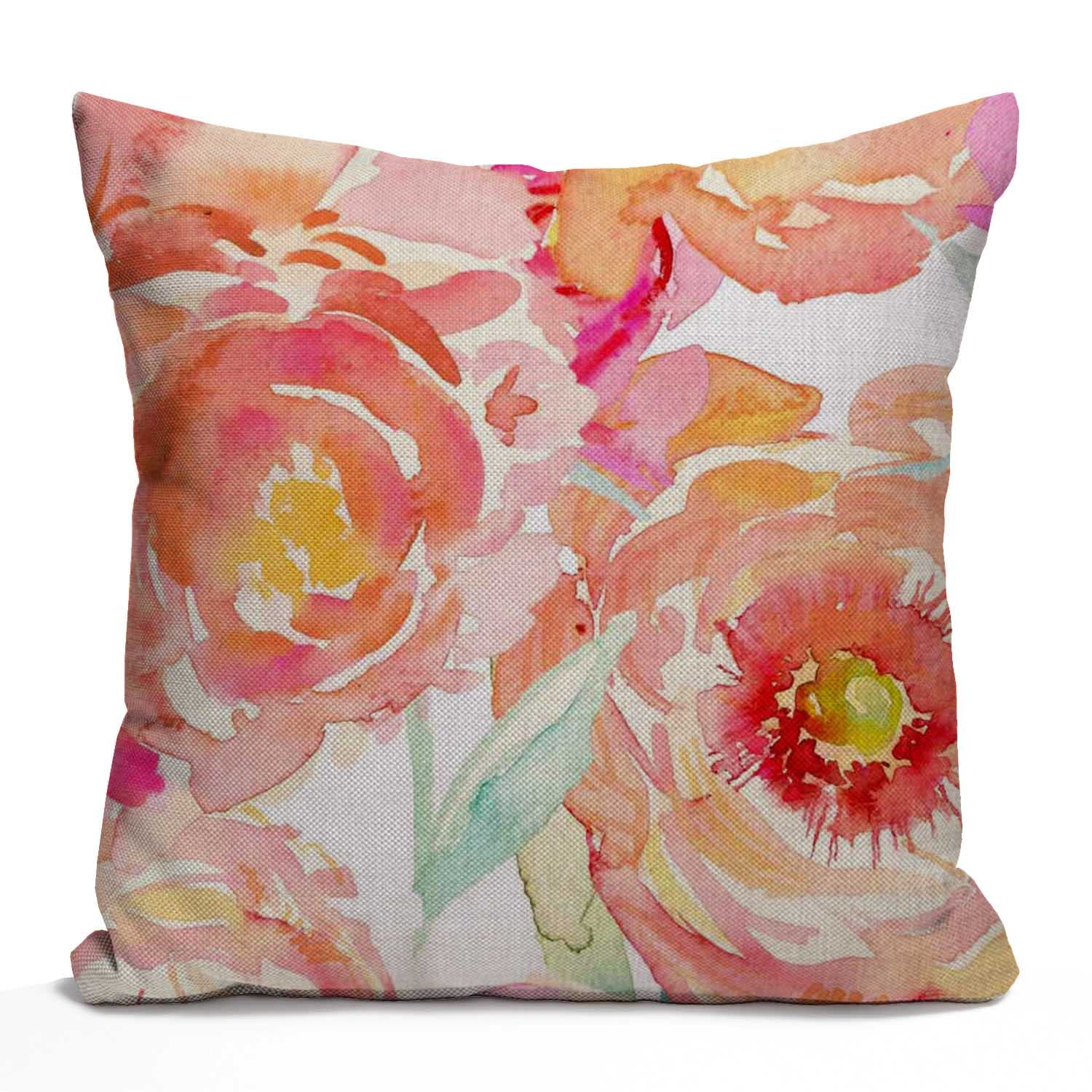 Tomda Cushion Cover Peach Peony Cotton Linen Square Throw Pillow Case Standard Pillowcase for Men Women Home Decorative Sofa Armchair Bedroom Livingroom 45x45cm 18x18 Inch