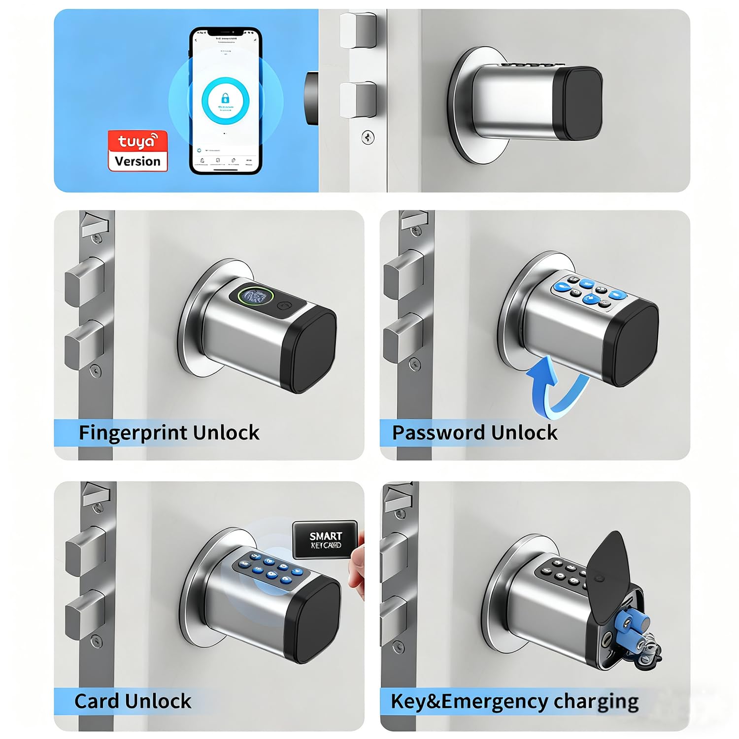 Türschloss Fingerabdruck, 5 en 1 Smart Türschloss mit Zahlencode RFID Schlüssel APP, Elektronisches Türöffner Haustürschloss, Verstellbarer Intelligenter Schließzylinder 60-90mm