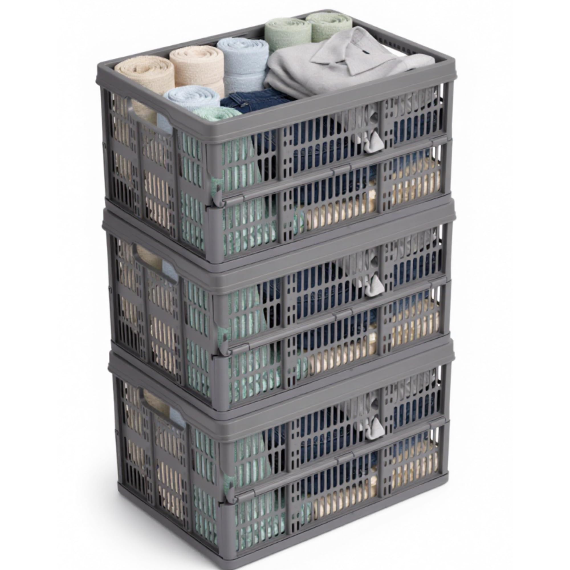 KYY'Z - 32 Litre Folding Collapsible Plastic Storage Crates - Grey Heavy Duty Basket with Handles - Stackable Space Saving Storage Crate for Home & Utility Use 48cm L x 35cm W x 24cm H (3x 32L Grey)