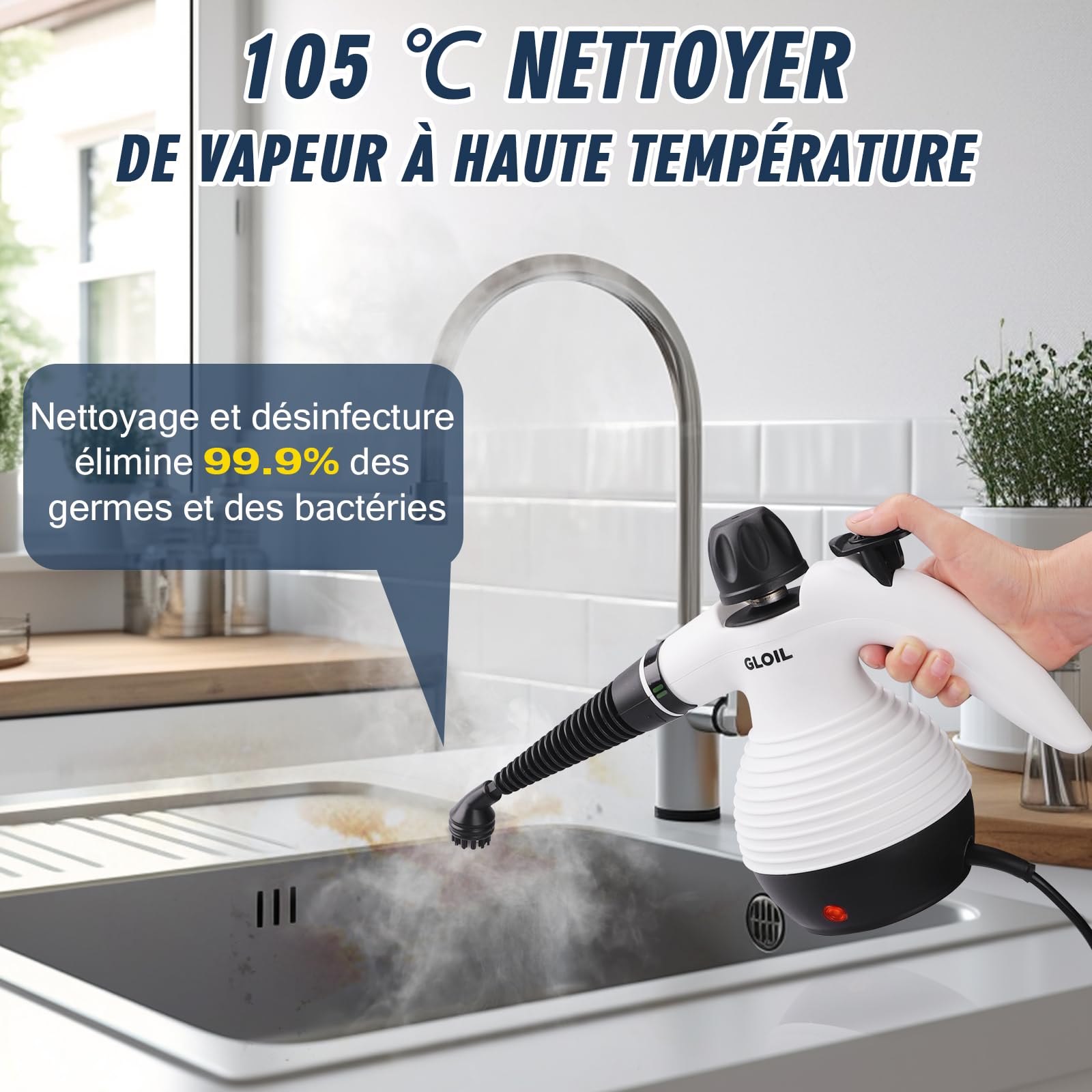 Nettoyeur vapeur pour tout, portable multi-usages avec 10 accessoires pour tapis, rideaux, canapés, cuisines et salles de bains. (Blanc Clair.)