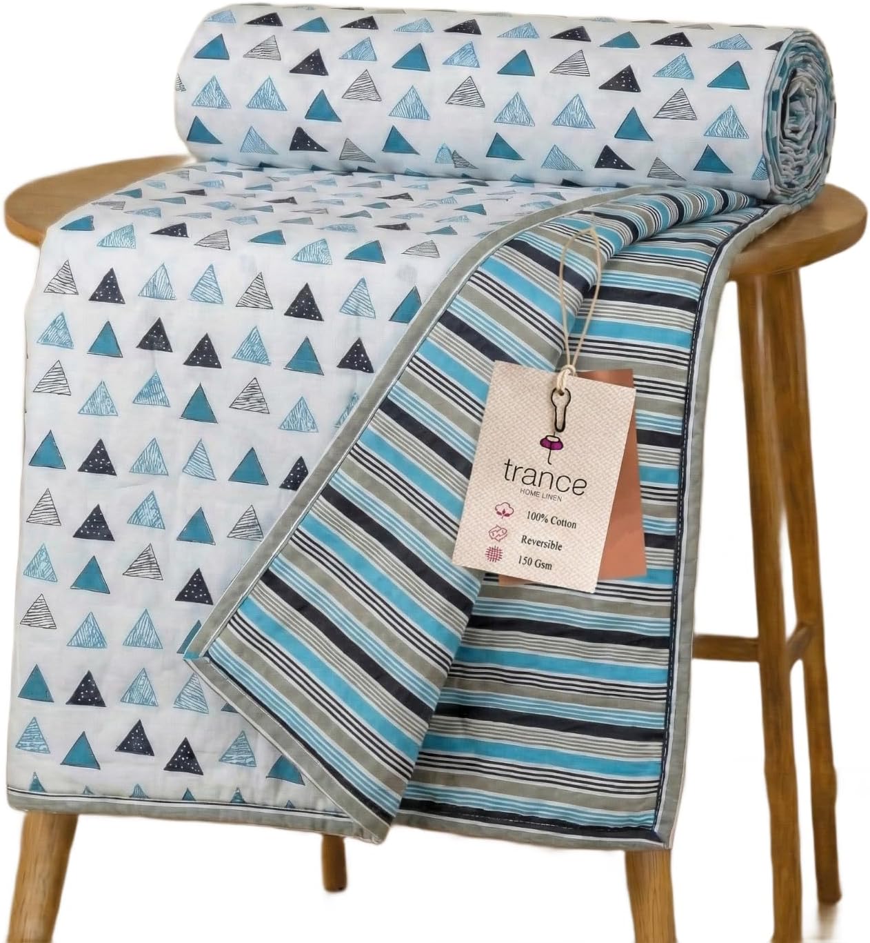 Trance Home Linen Pure Cotton Reversible Dohar Single Bed Size | AC Blanket Comforter | Soft Light-Weight Bed Blanket (56 x 88 inch, Blue Black Triangles, Pack of 1)
