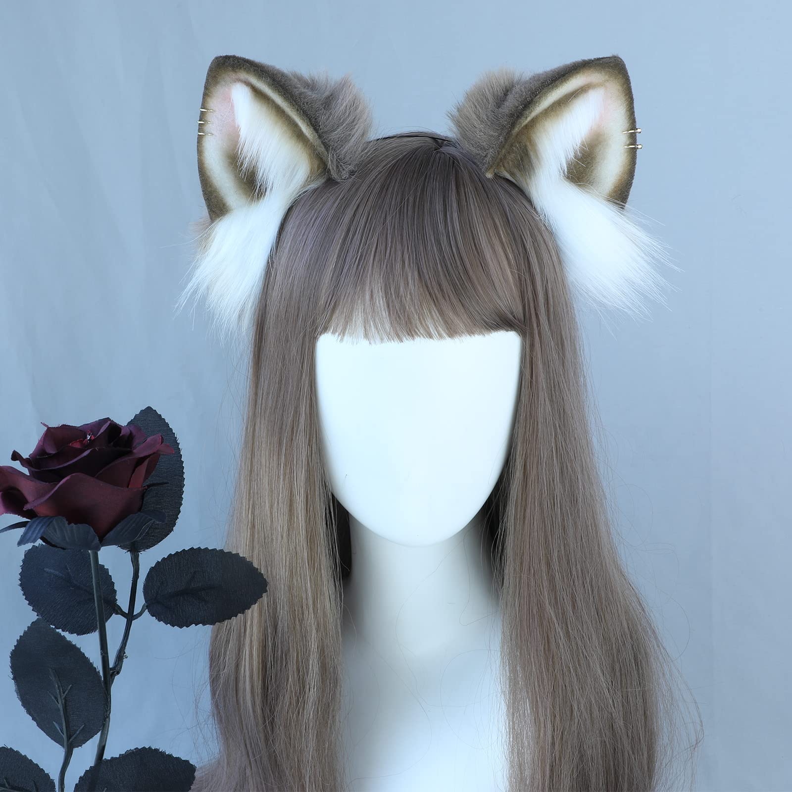 Dodheah Cat Ear Headband Fox Wolf Animal Ear Cosplay Hairband Anime Hair Accessories for Women Daily Decoration Party Khaki - Image 2