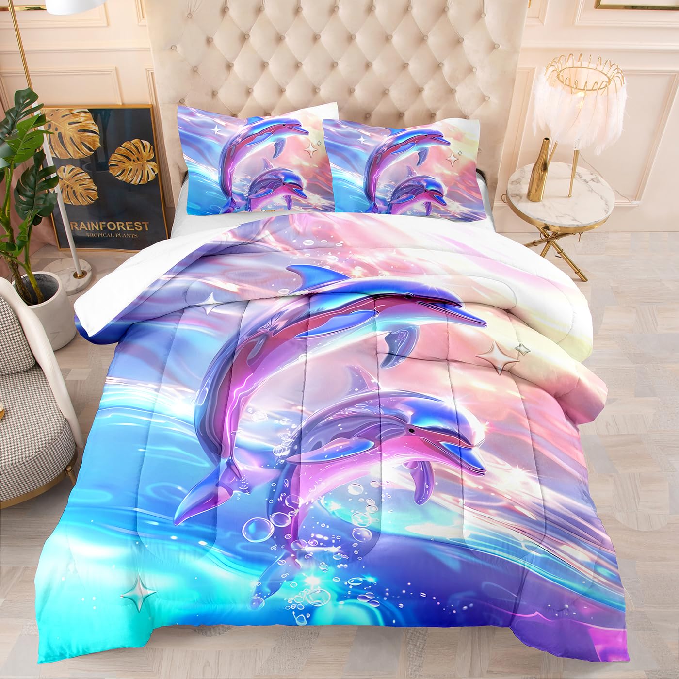 Couette 140x200 4 saisons dauphin rose avec 2 taies d'oreiller en microfibre imprimée 3D moderne