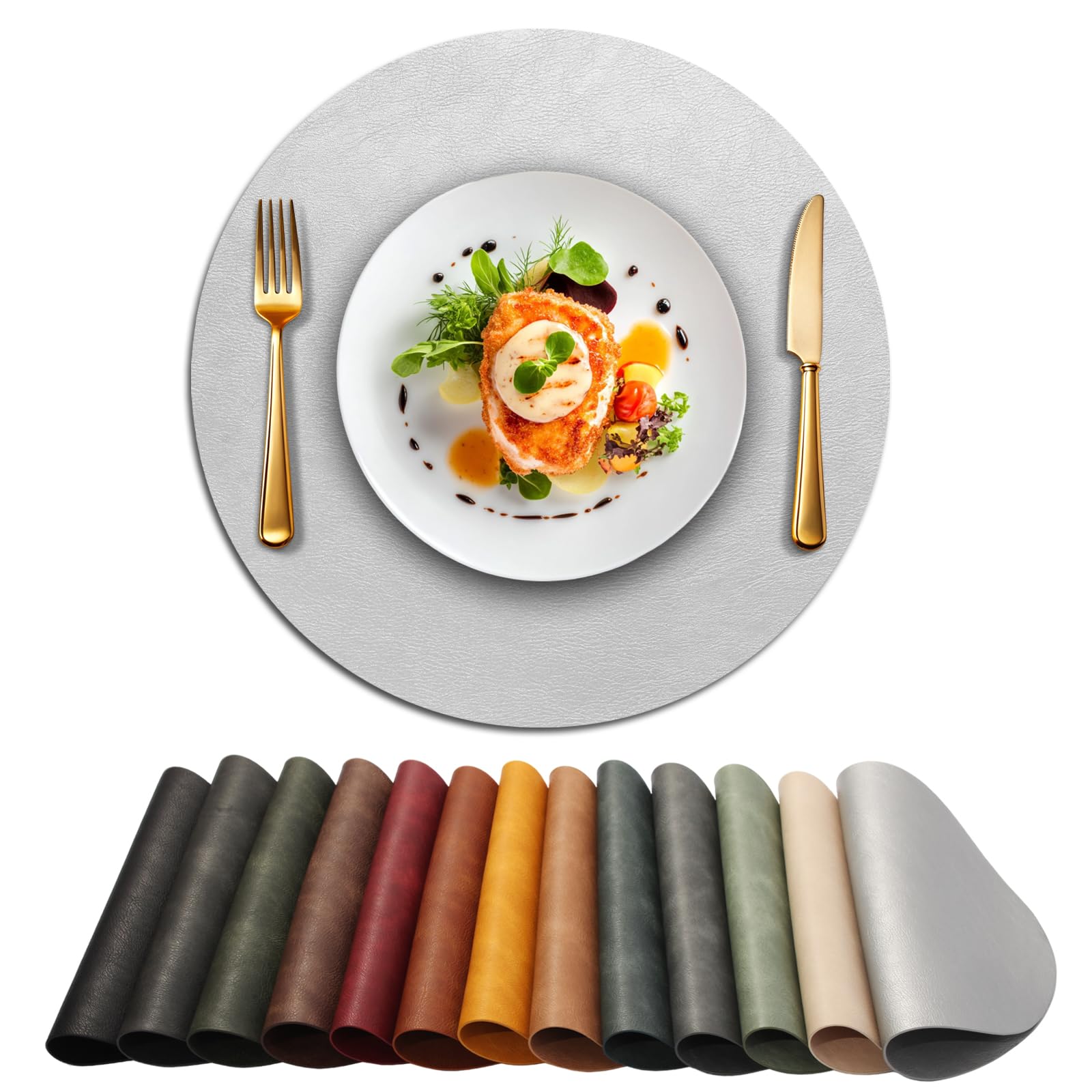 UnivoColors Placemats Round Faux Leather Placemats Set of 4-Waterproof-Wipe Clean-Heat Resistant-Anti Slip Dining Table Place Mats,Suitable for Indoor &amp; Outdoor Use,15".Silver