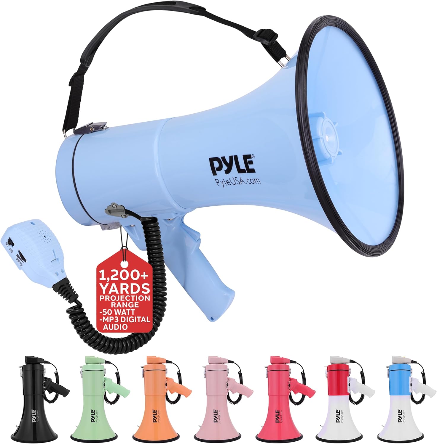 Pyle 50W Megaphone Bullhorn - Portable, Automatic Siren & Adjustable Volume, Projection Range Up to 1200 Square Yards, Aux Input, Talk, Siren, Music, Whistle, & Record, Shoulder Strap (Black) 50W Blue
