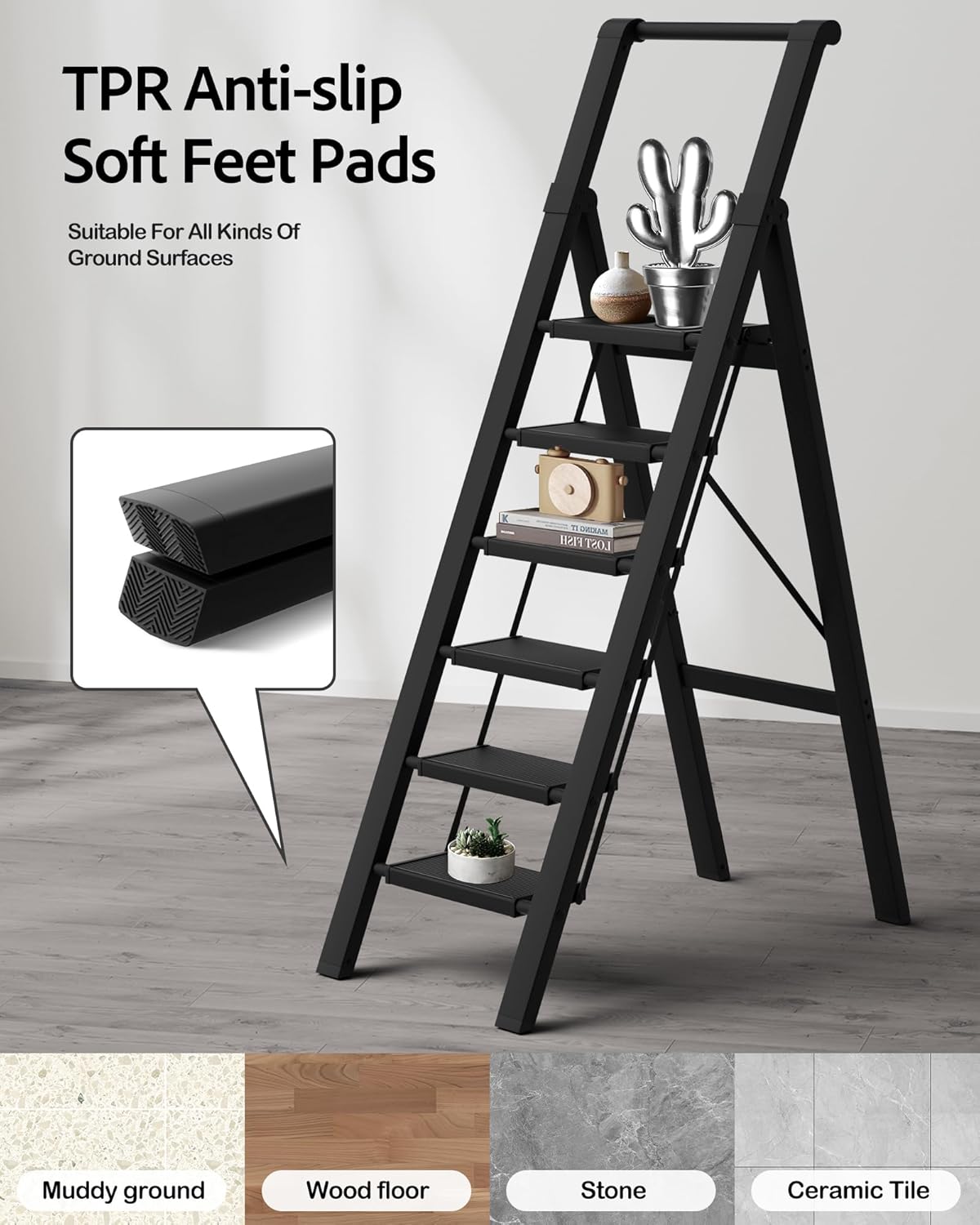 6 Step Ladder, Lightweight Folding Step Stool with Convenient Handgrip,