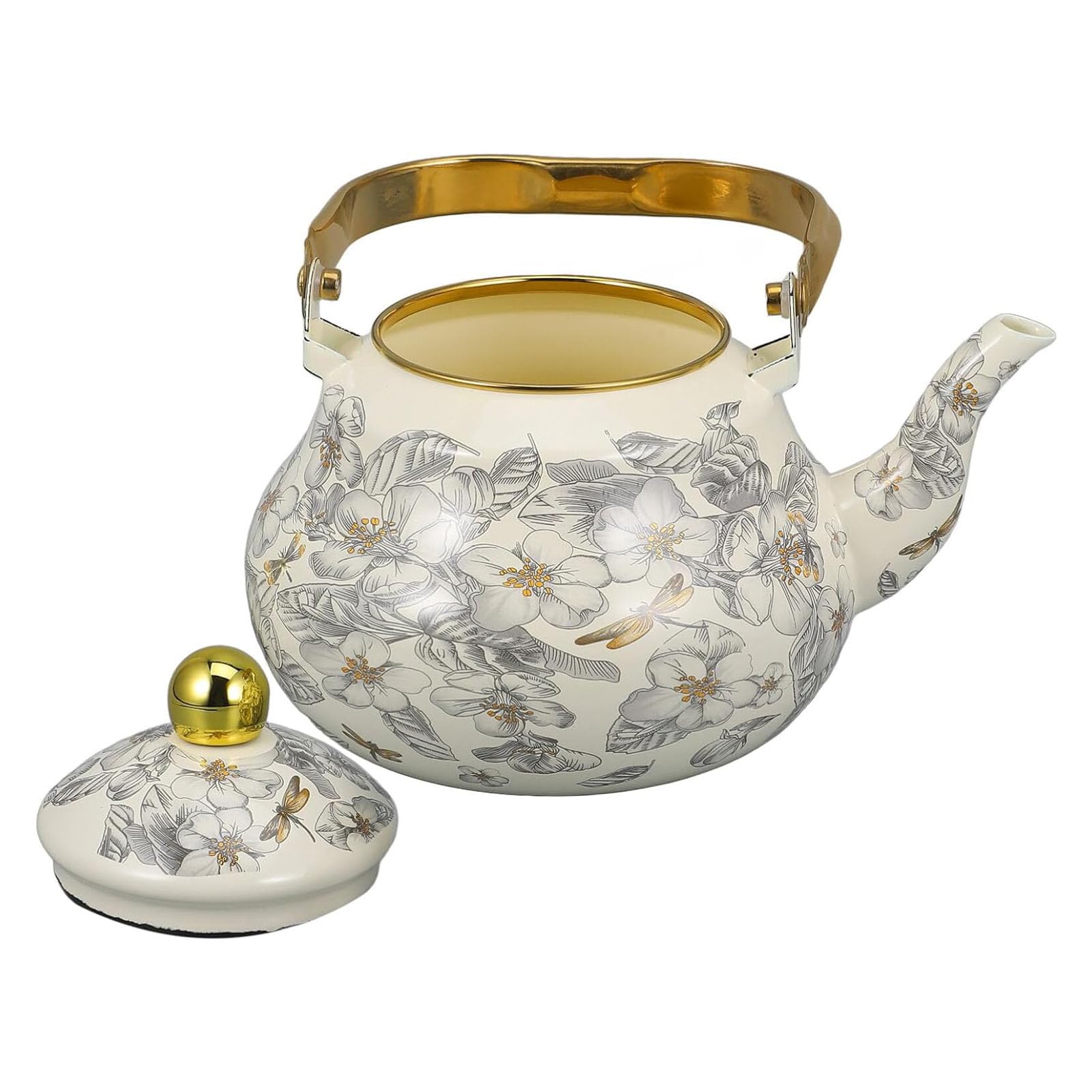 RSBFER Emaillierter Teekessel im Vintage-Stil, Teekanne aus Stahl mit Blumenmuster, Heißwasserkessel für Induktion, Gasherd, Holzofen,1.5L