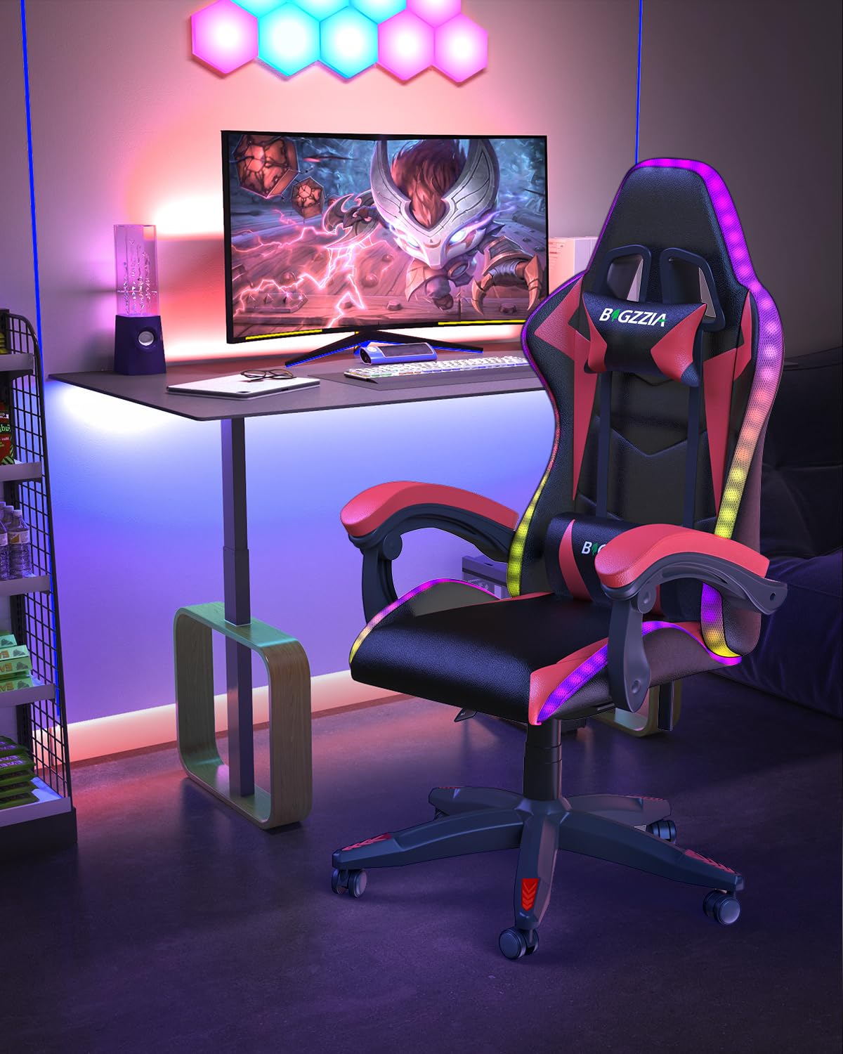 bigzzia Sedia Gaming RGB con Luci LED E Sedia Ergonomica Per Computer Per Videogiochi Reclinabile con Schienale Alto in Pelle Pu con Poggiatesta (Utilizzo di RGB, Rosso)