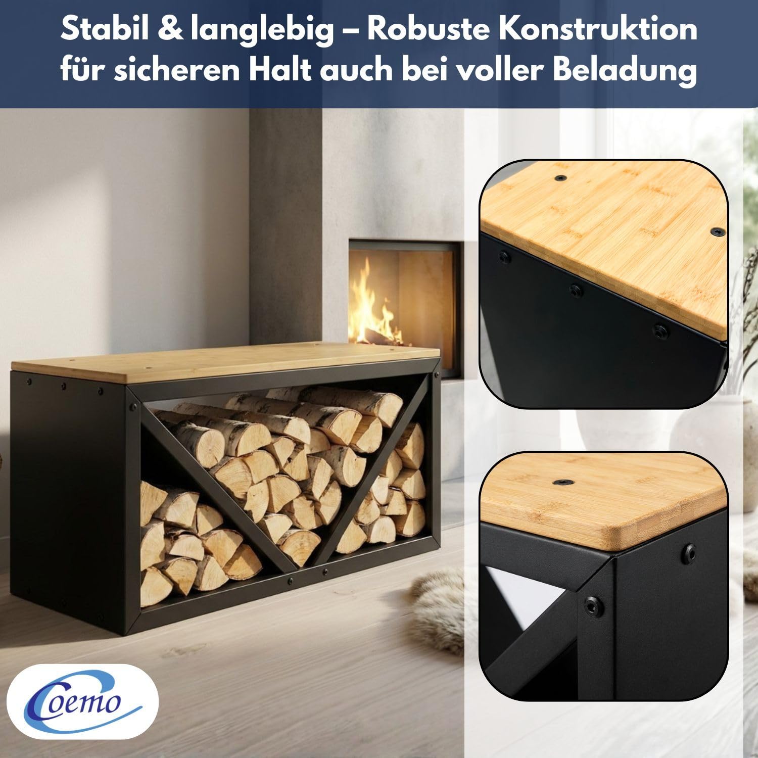 Coemo Kaminholzregal mit Sitzfläche Rudi Schwarz - Modernes Brennholzregal aus Metall & Holz, Kaminholzhalter Schwarz, Holzlager Regal Indoor, Sitzbank Kamin, Feuerholz Aufbewahrung, Kaminzubehör