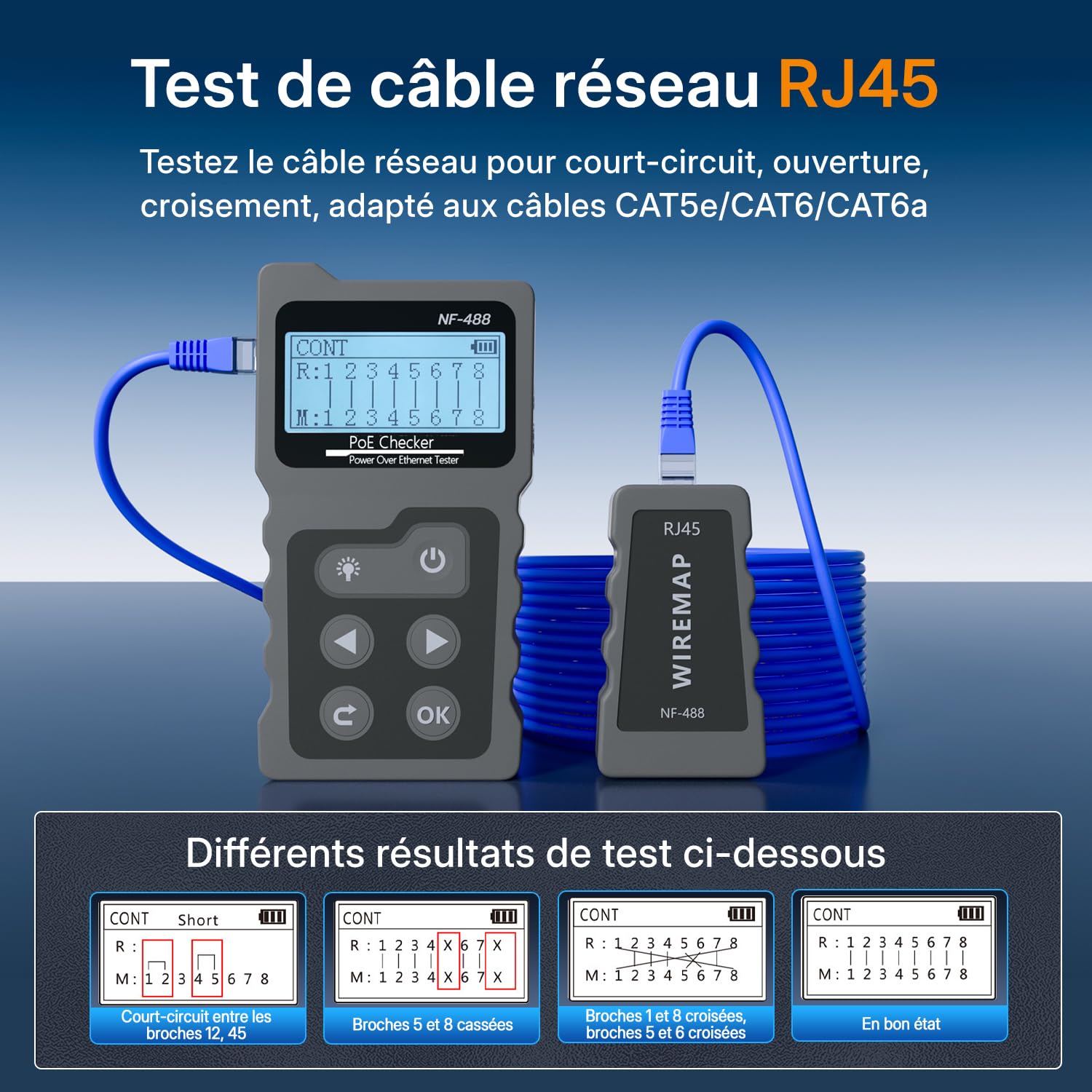 Mcbazel Testeur de Réseau RJ45 avec Testeur de Câble LCD, Testeur de Tension POE, Instrument de Mesure