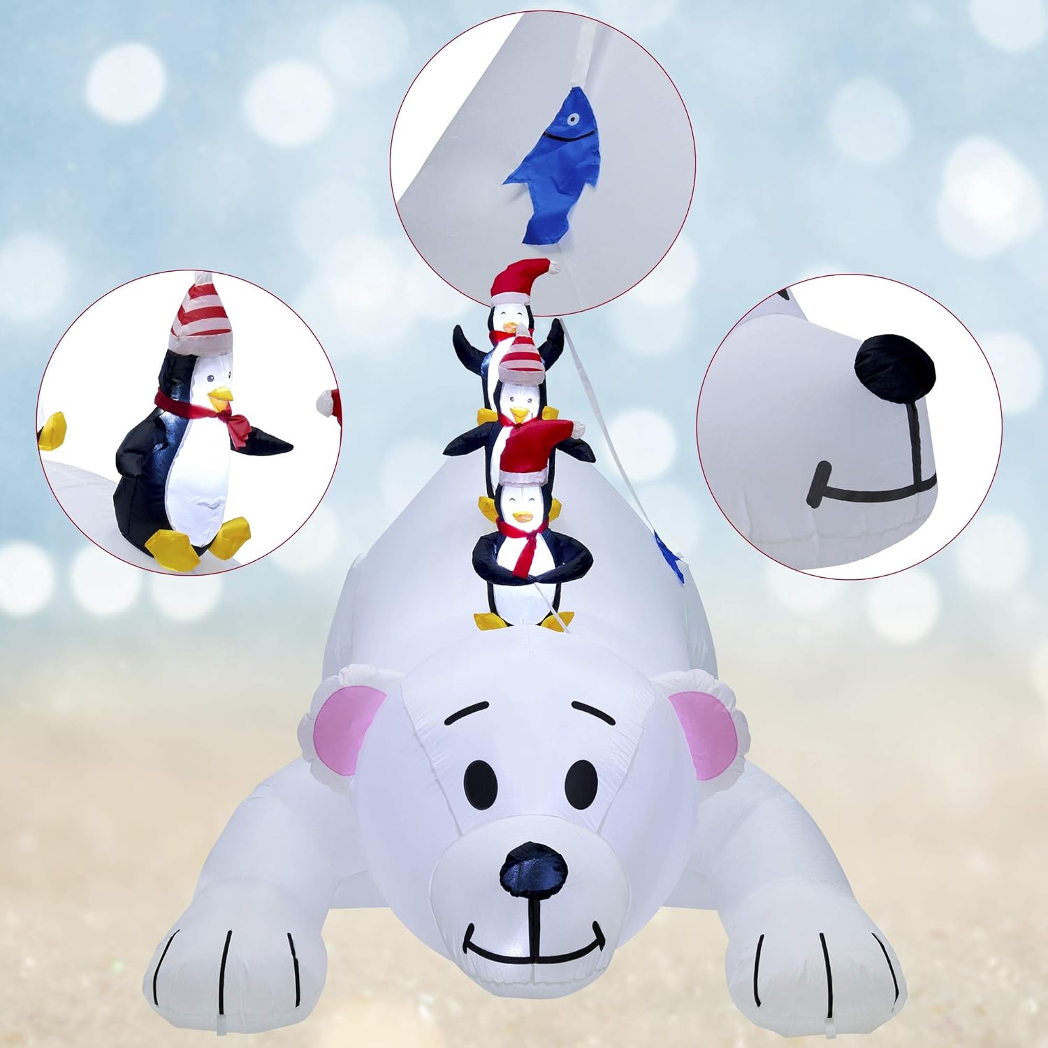Juegoal Christmas 7.7(L) x 6 FT(H) Inflatables Lighted Polar Bear with Three Penguins, Blow Up White Bear Happy Fishing Penguin, Indoor Outdoor Xmas Winter Decor Lawn Yard Garden Decorations - Image 4