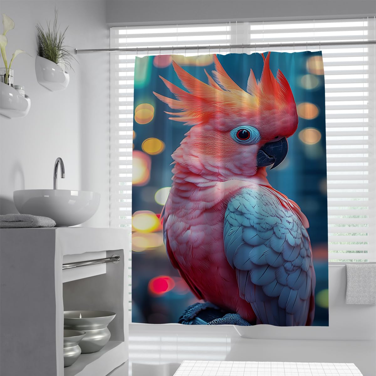 UIRINGART Parrot Bath Curtains W120xL180cm Tropical Cute Cockatoo Pink Feather Bokeh Lights Waterproof Quick Dry Easy Clean Fabric Shower Curtain Bathroom Decor with Hooks