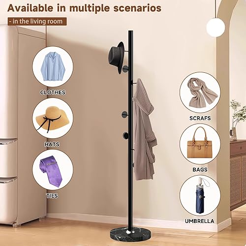 Miniatura 4 de Perchero de metal independiente, resistente perchero con base de mármol natural, perchero para sombreros de árbol para entrada, pasillo, dormitorio
