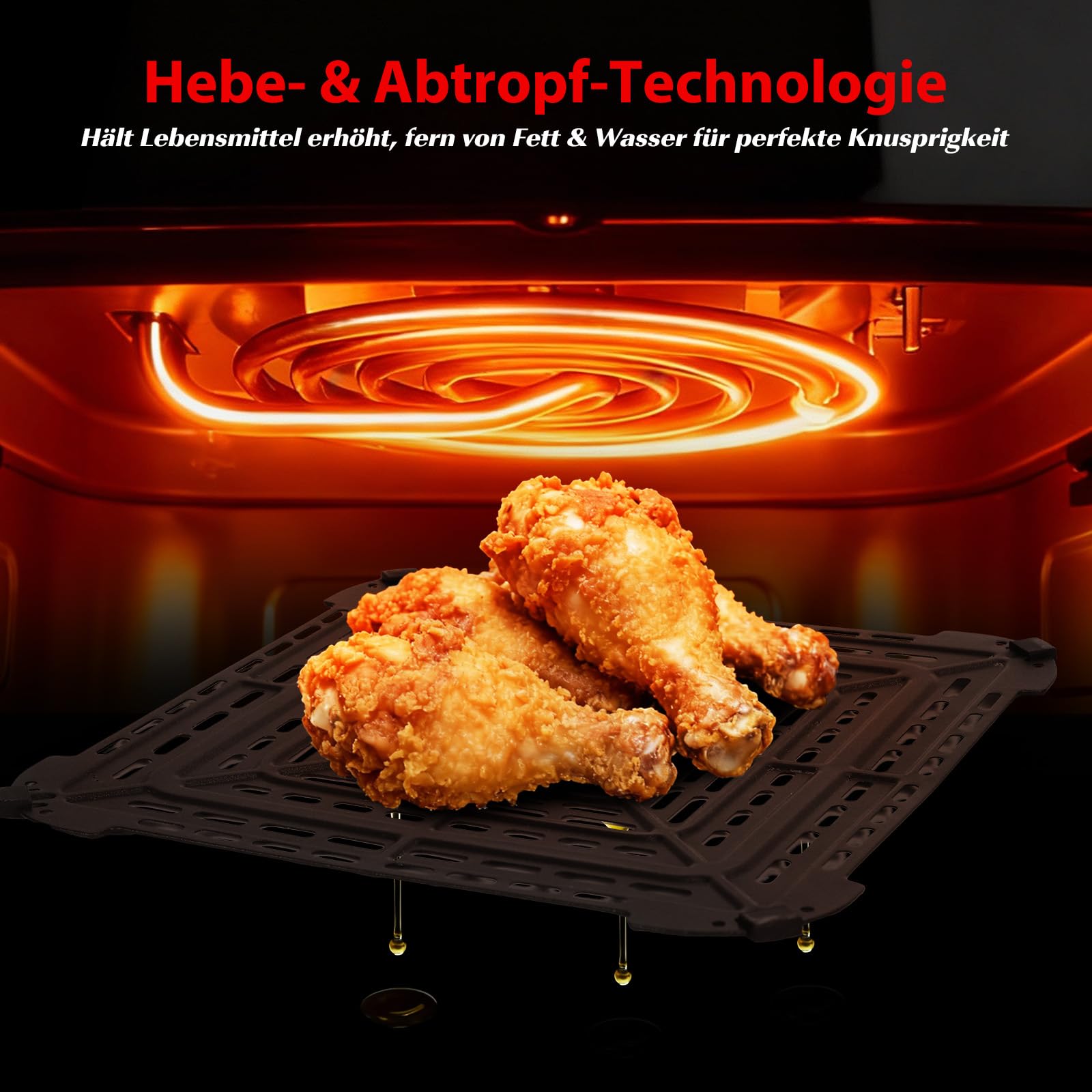 Aigostar Heißluftfritteuse mit XL 745 cm² Garfläche (27.3 * 27.3cm), leiser Extra-Crisp Technologie, Pizzafunktion, Doppelheizung, Sichtfenster, 11 Programmen, Touchscreen, Metall-Innenraum, Schwarz
