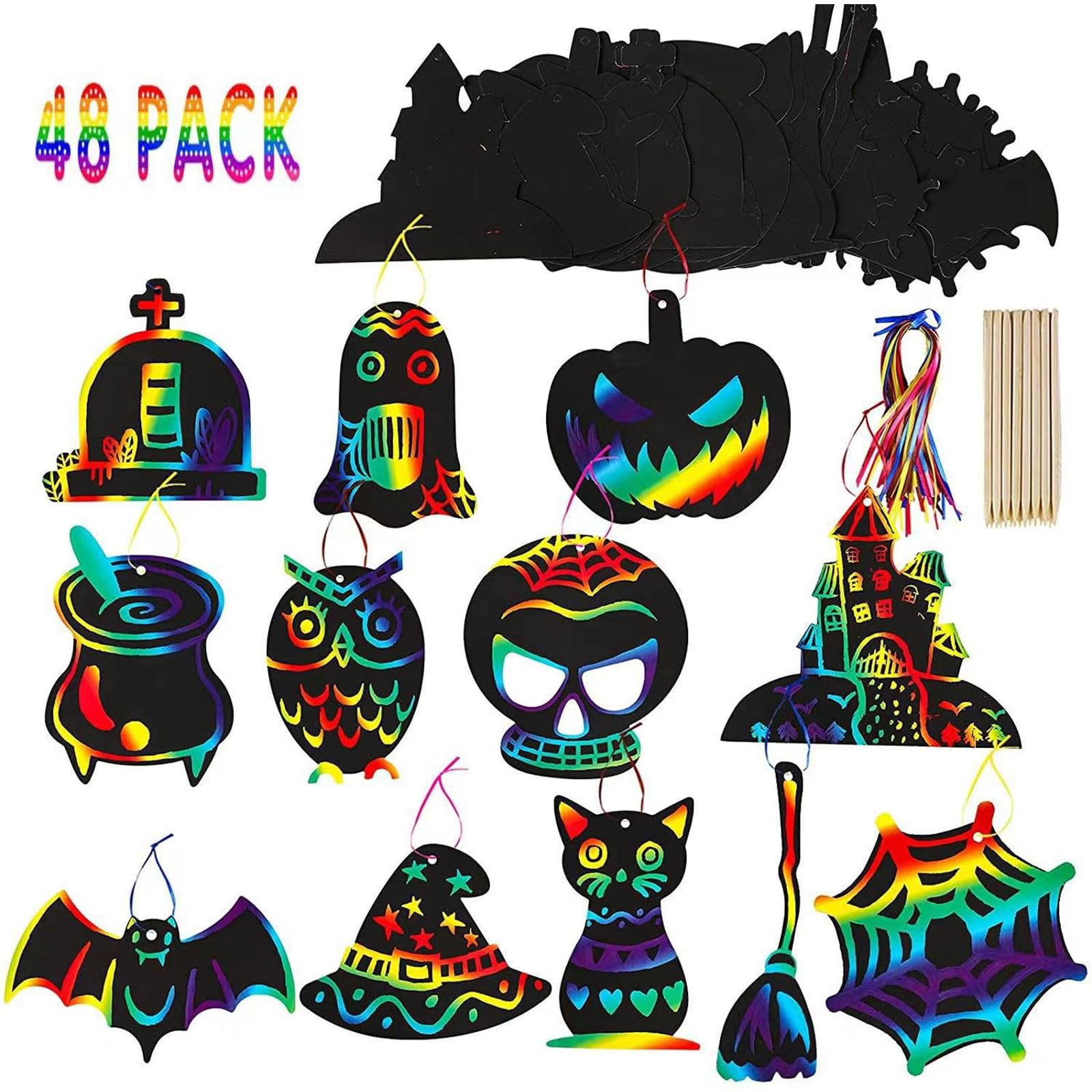 Halloween Craft Scratch Paper Art for Kids Party Games Ornaments 96PCS Magic Rainbow Scratch Off Cards Paper Hanging Educational Toys Kit Halloween Party Supplies Birthday Gift (A)