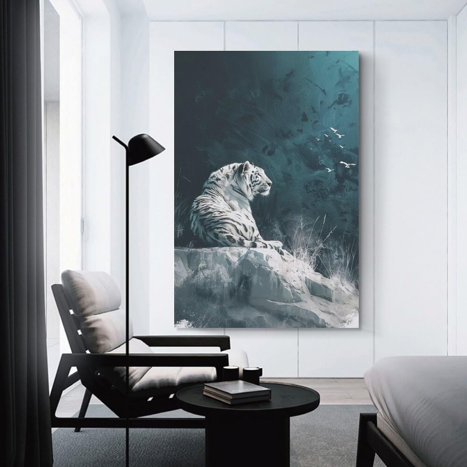 Junmoney Unframe-Style-16 Decorative Wall Artwork White Tiger On Rock, 24X36inch(60X90cm), For New Homes, Bedrooms Or Workspaces, Canvas Artwork With Gifting Potential