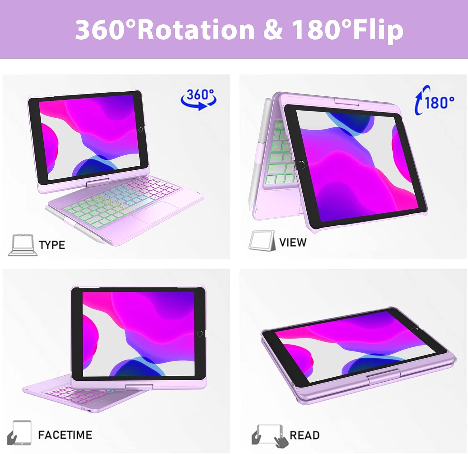 Touch Keyboard Case for iPad 9th Generation (10.2", 2021), 10 Color Backlight, 360° Slim Cover, Bluetooth Keyboard with Pencil Holder, Compatible with iPad 8th Gen 2020, 7th Gen 2019, Light Purple - Image 5