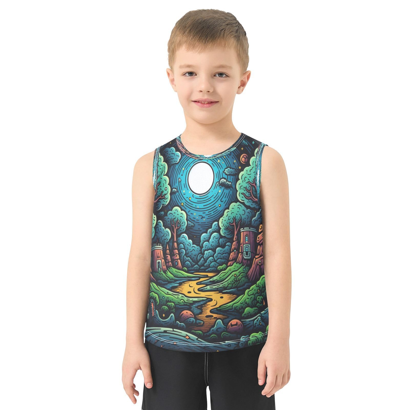 Divertido Bosque Verde De Dibujos Animados Camisetas Sin Mangas Tipo Tank Top para Niños Jóvenes Ideales para Actividades Deportivas