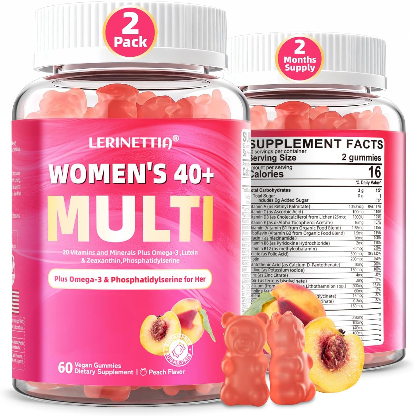 Multivitamin for Women Gummies for 40+ with Omega-3, Niacinamide, B-Complex, Lutein, Iron, Choline, Phosphatidylserine, Vitamin D3 for Skin, Hair, Energy, Immune, Bone - Vegan, Sugar Free, 120Cts