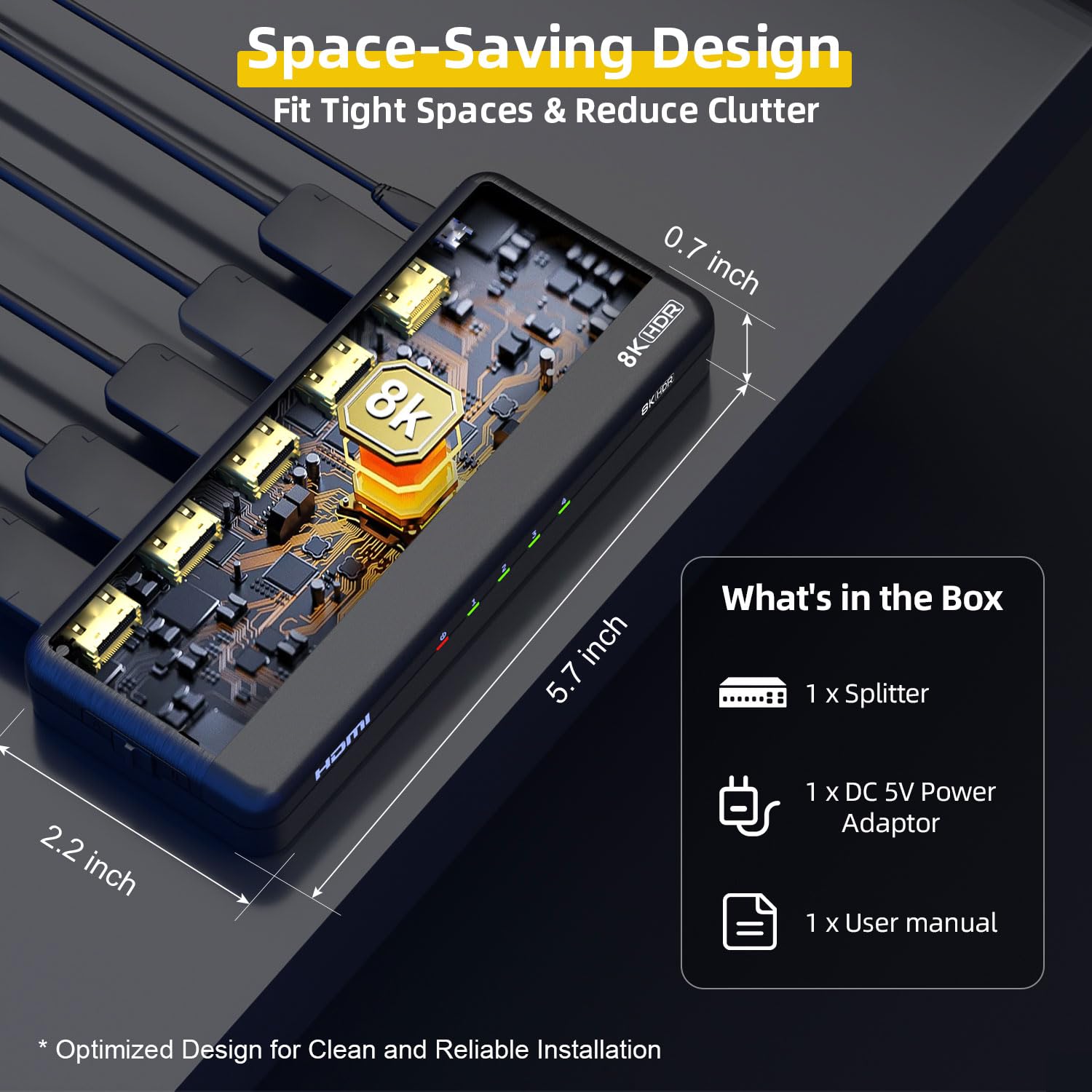 8K HDMI-Splitter 1 in 4 Ausgänge, 1 x 4 Duplikate/Spiegelbildschirme, HDMI 2.1, 8K@60Hz, 4K@240Hz (DSC), 4K@120Hz, automatische Deeskalation, 48Gbps, HDCP 2.3, kompatibel mit Xbox, PS5