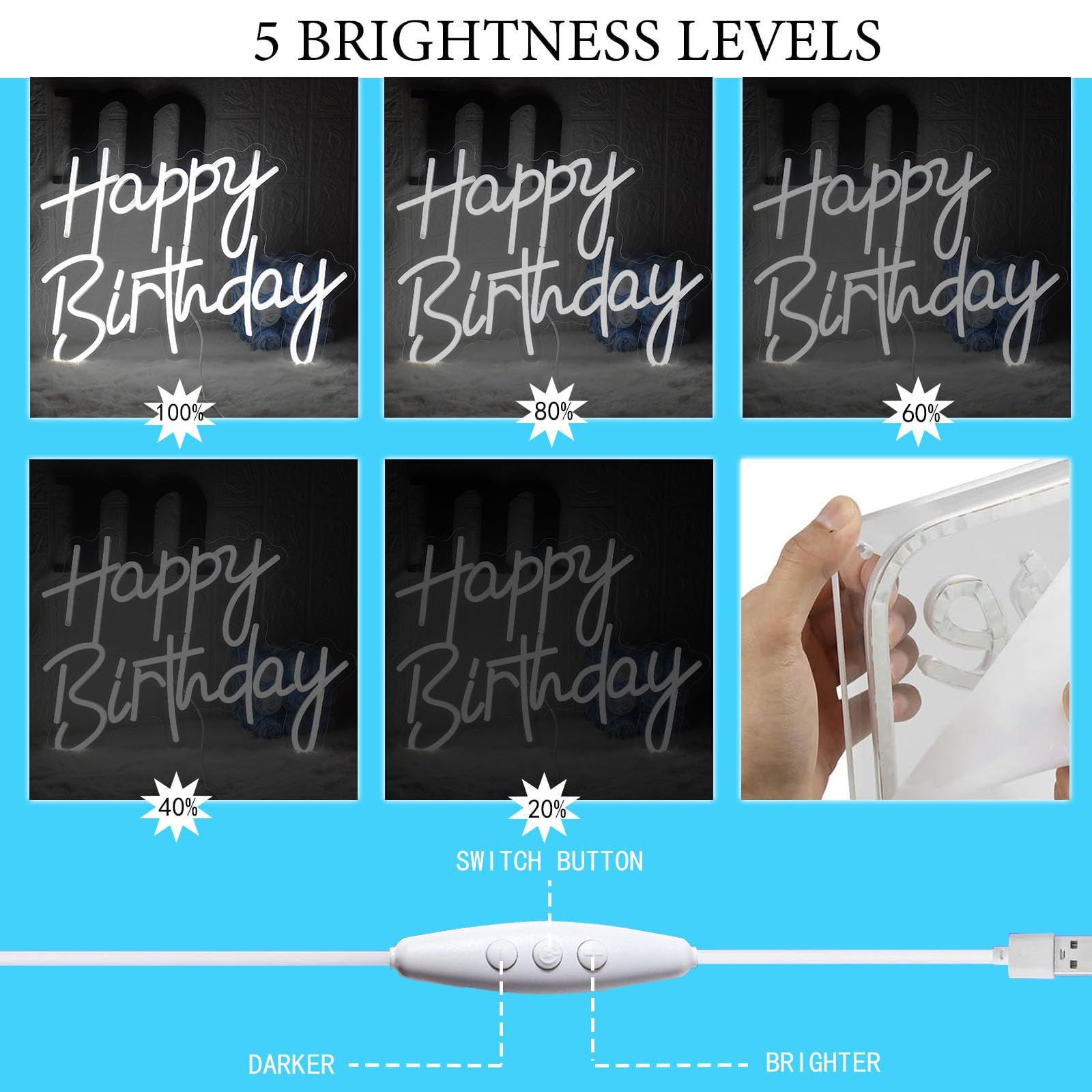 Happy Birthday Neon,Buon compleanno Lettere al Neon Bianco Decorazioni per la Festa di Compleanno Luce al Neon a LED "Buon Compleanno"alimentata tramite USB con interruttore dimmerabile